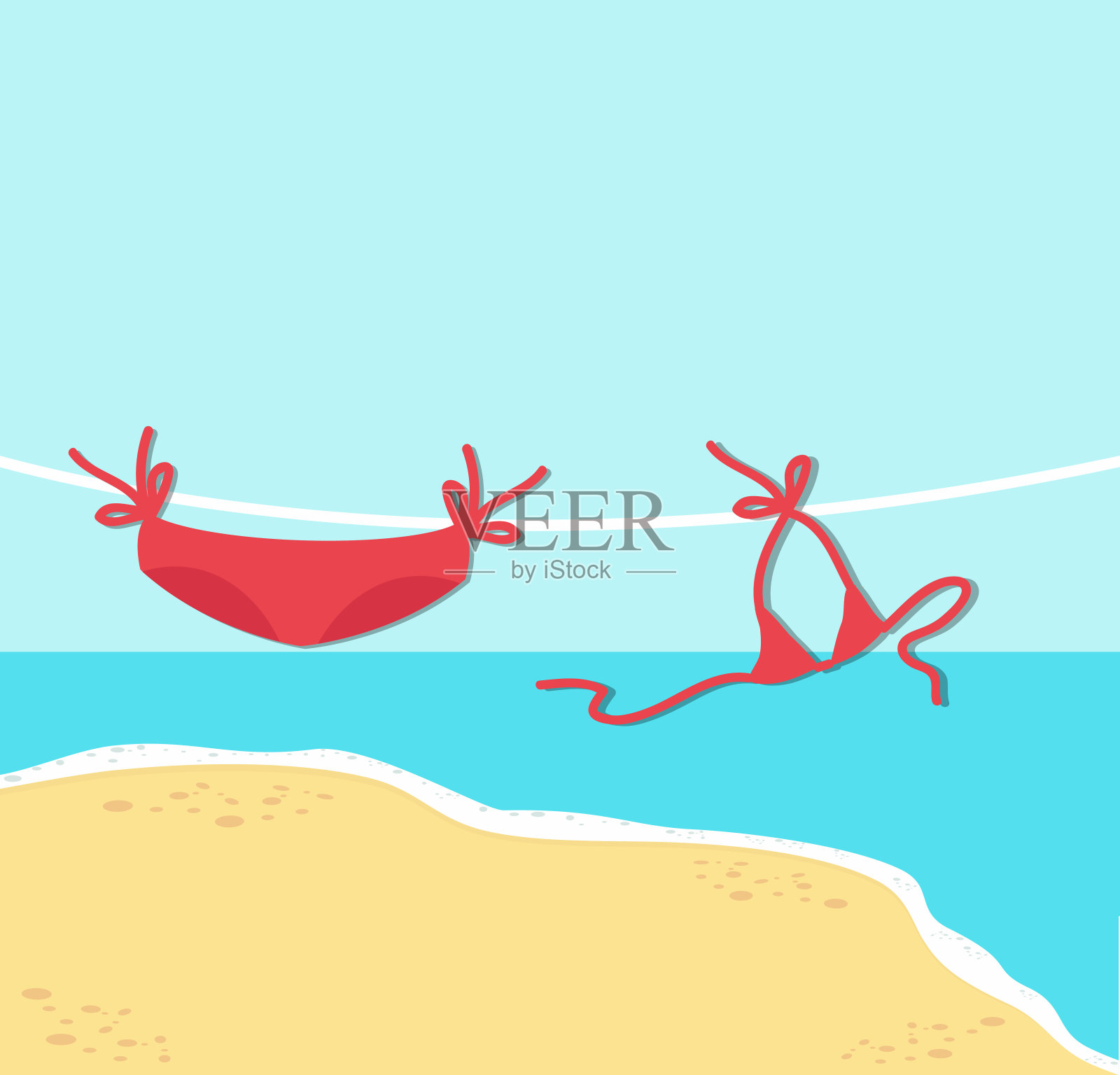 红色绳索比基尼，以夏日海滩为背景插画图片素材