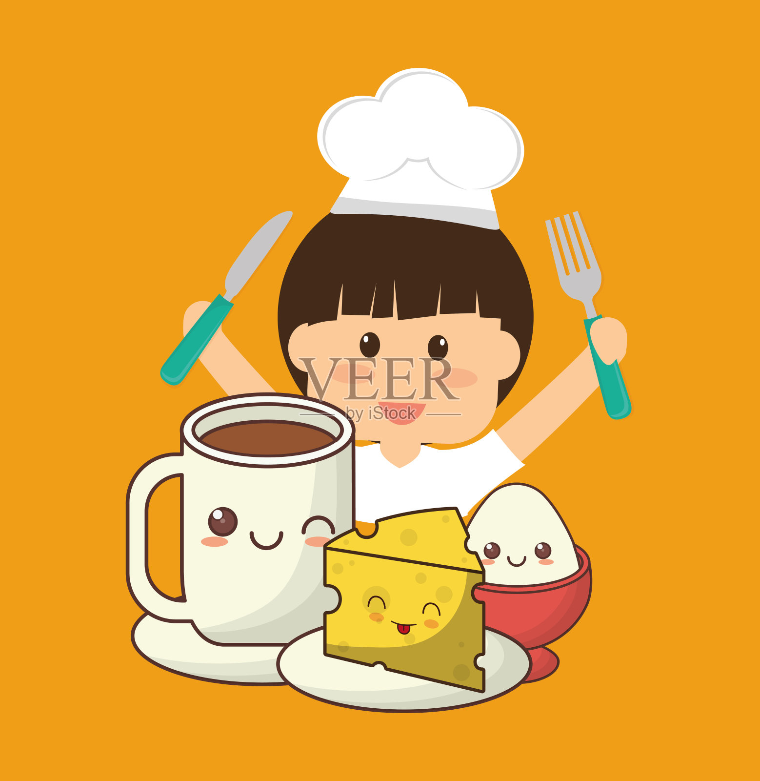 厨师男孩叉刀早餐奶酪鸡蛋插画图片素材