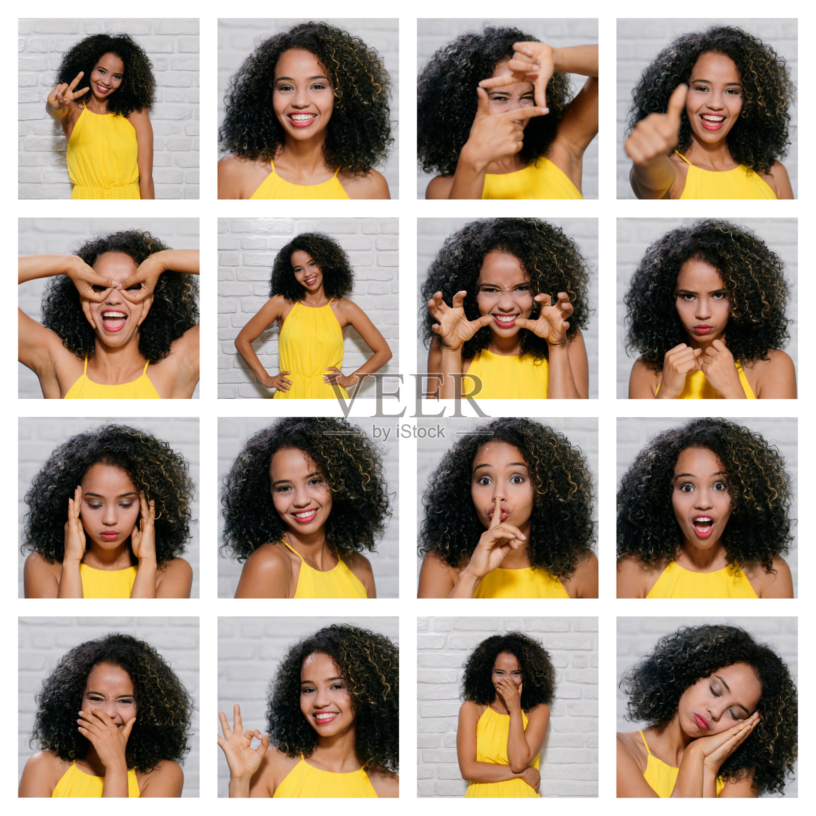 《砖墙上年轻黑人妇女的面部表情》照片摄影图片