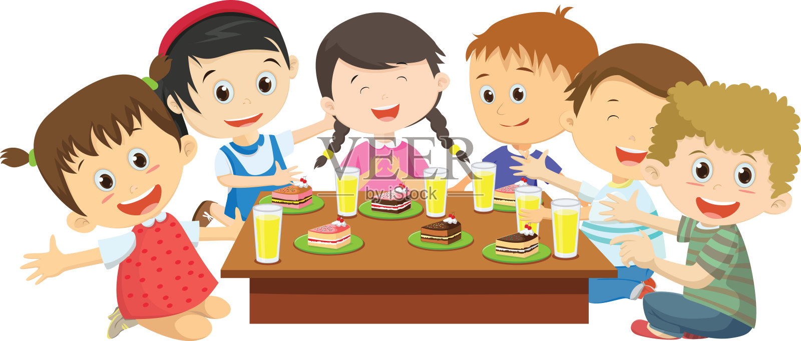 快乐的孩子们一起在餐桌上吃晚餐设计元素图片