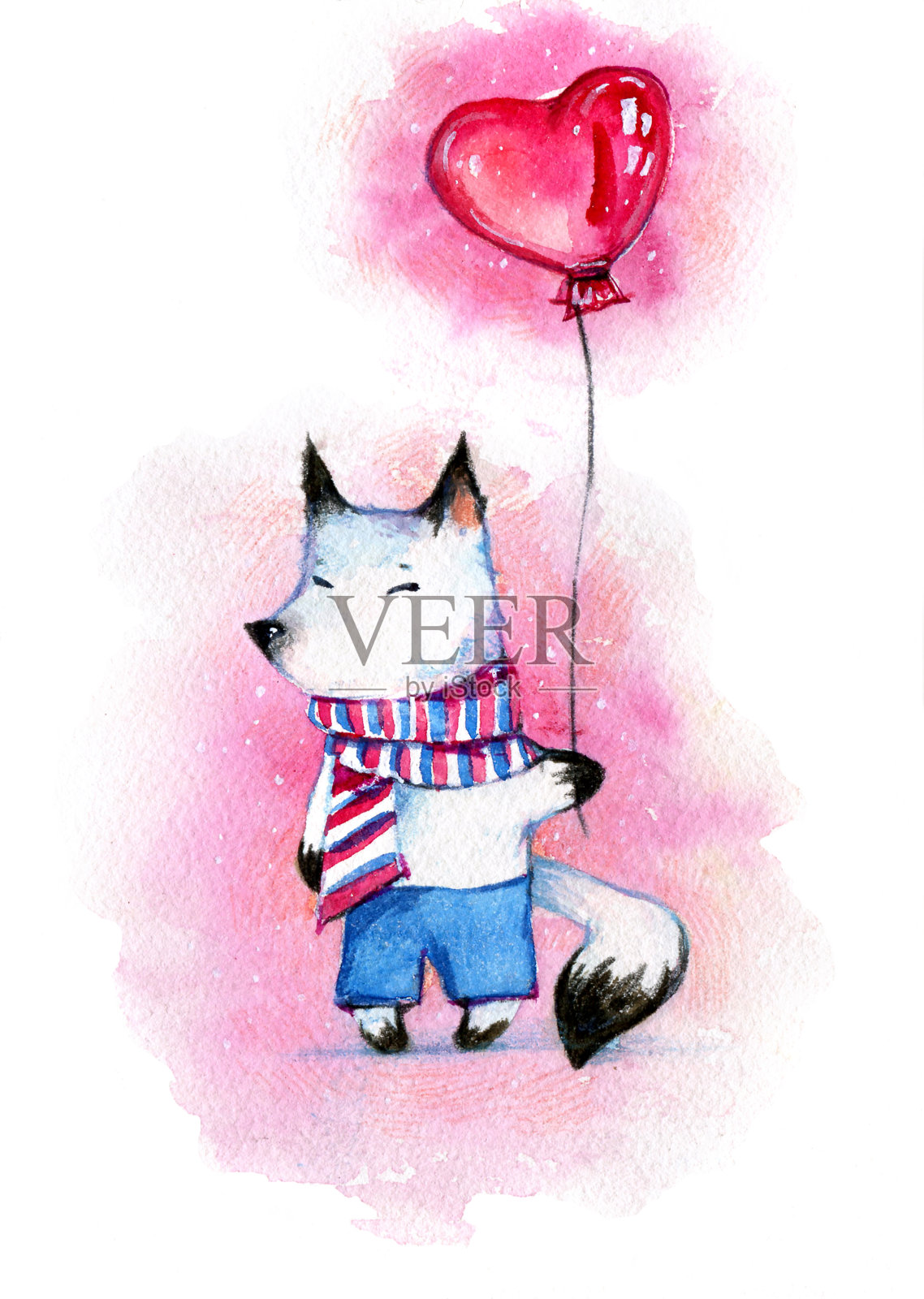 白色的卡通小狐狸在条纹围巾和裤子与心形的气球在粉红色的spoo插画图片素材