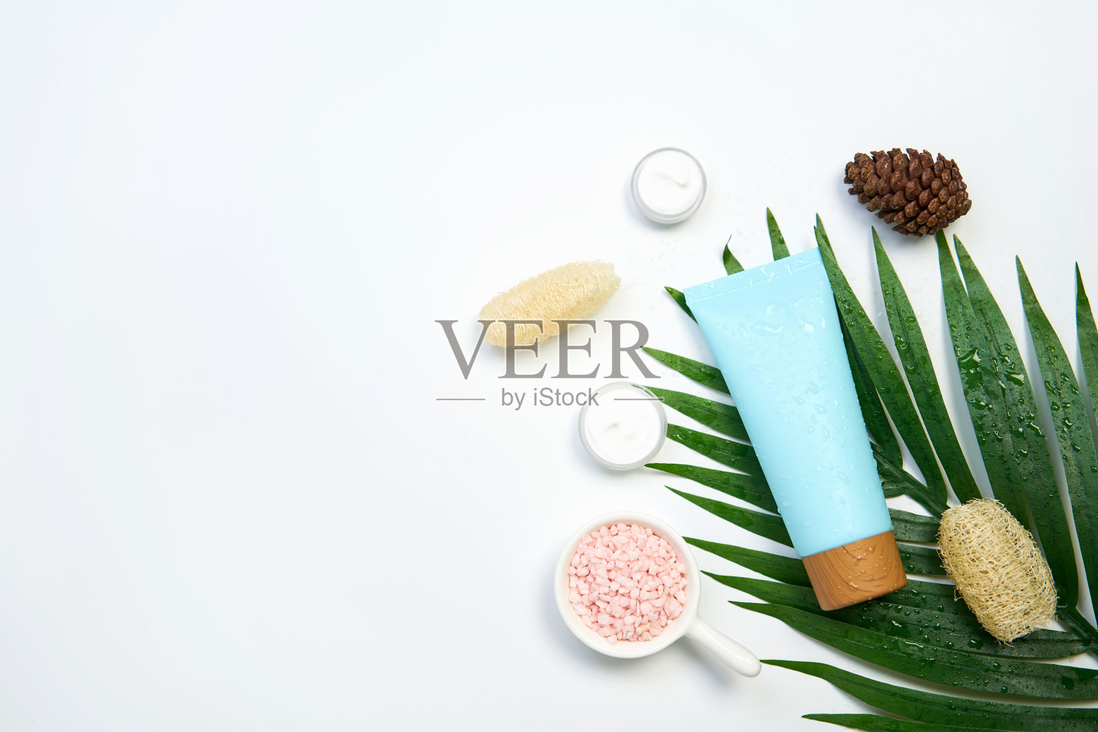 化妆品膏霜瓶模型，空白标签包装和成分在一个绿叶背景。天然美容产品的概念。照片摄影图片