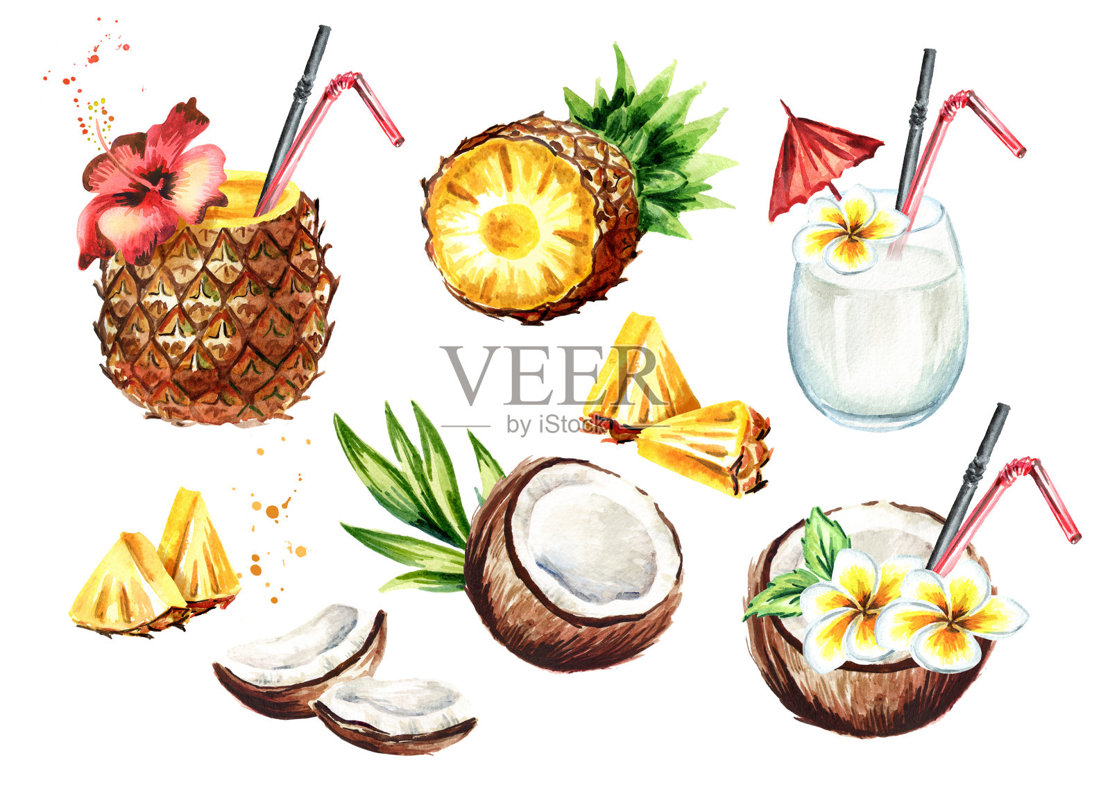 椰汁椰汁鸡尾酒。水彩手绘插图，孤立的白色背景插画图片素材