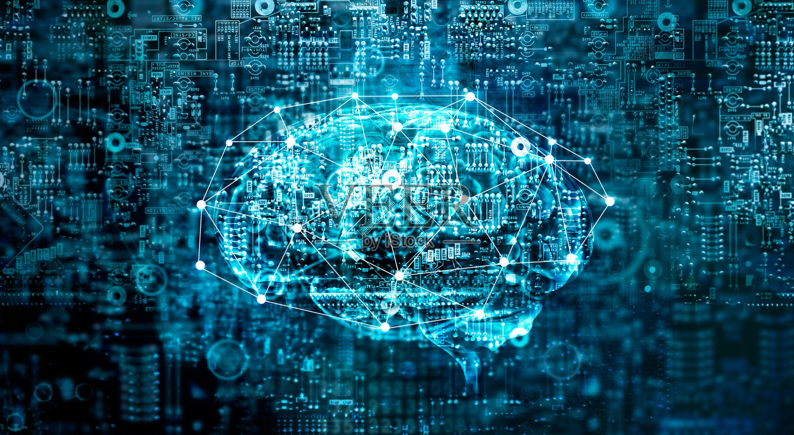 人工智能数字大脑未来技术主板电脑。二进制数据。人工智能的大脑。未来创新科技的科学概念照片摄影图片
