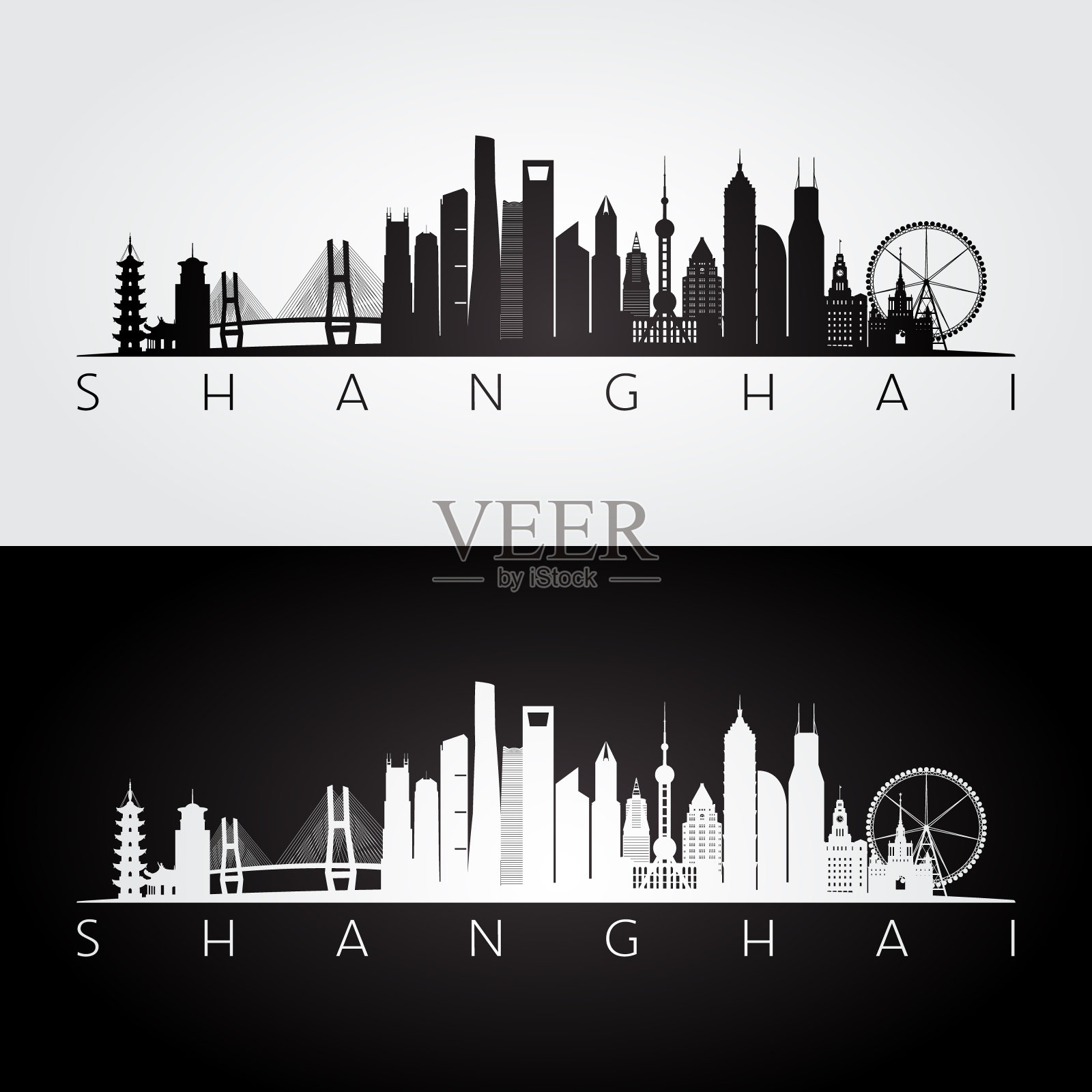 上海天际线和地标剪影，黑白设计，矢量插图。插画图片素材