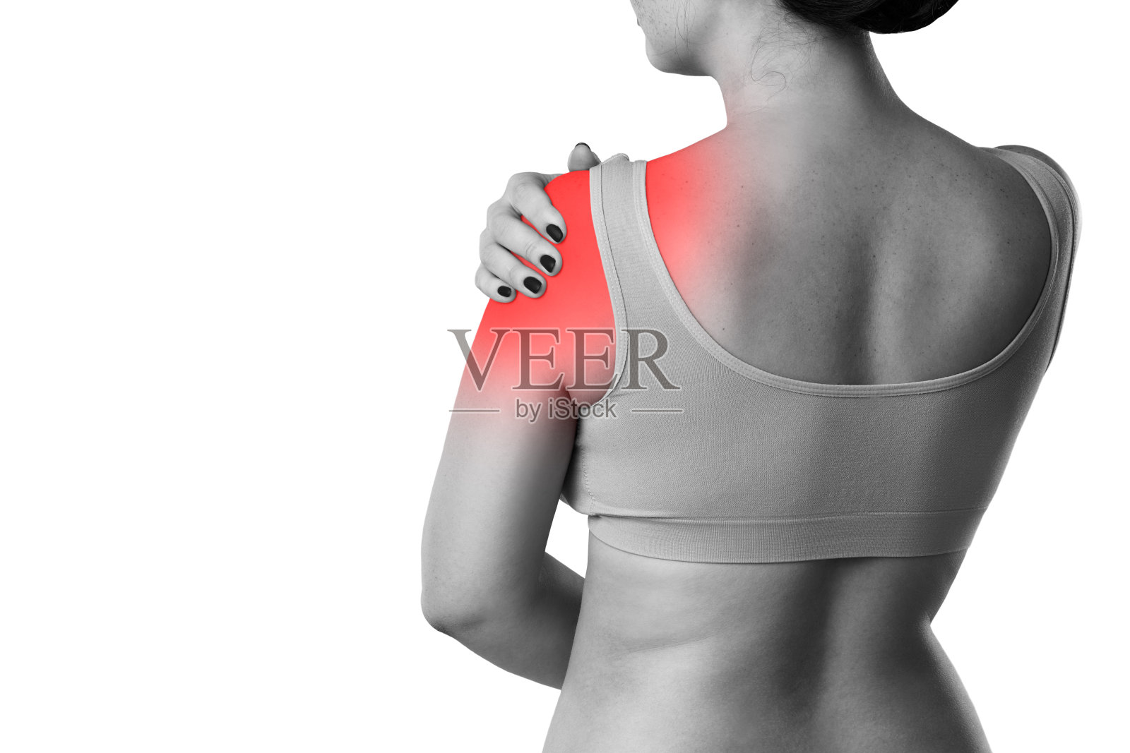 在白色背景上，肩膀孤立疼痛的妇女照片摄影图片