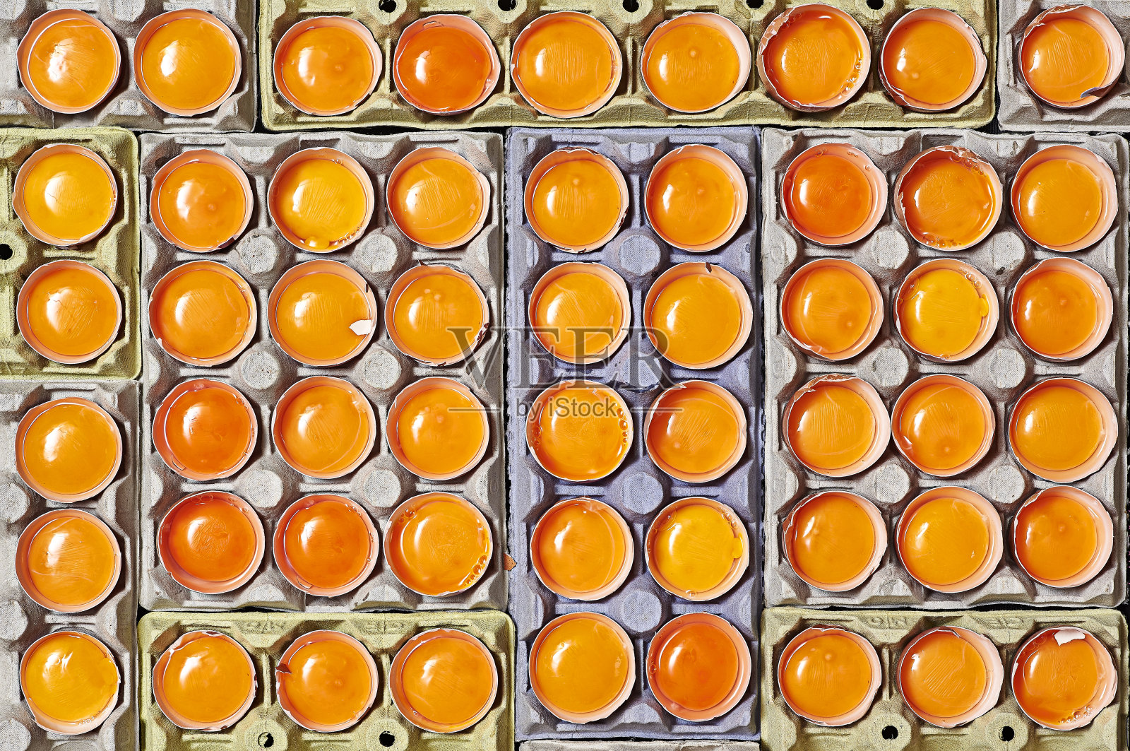在蛋盒上放置不同颜色的蛋黄。照片摄影图片