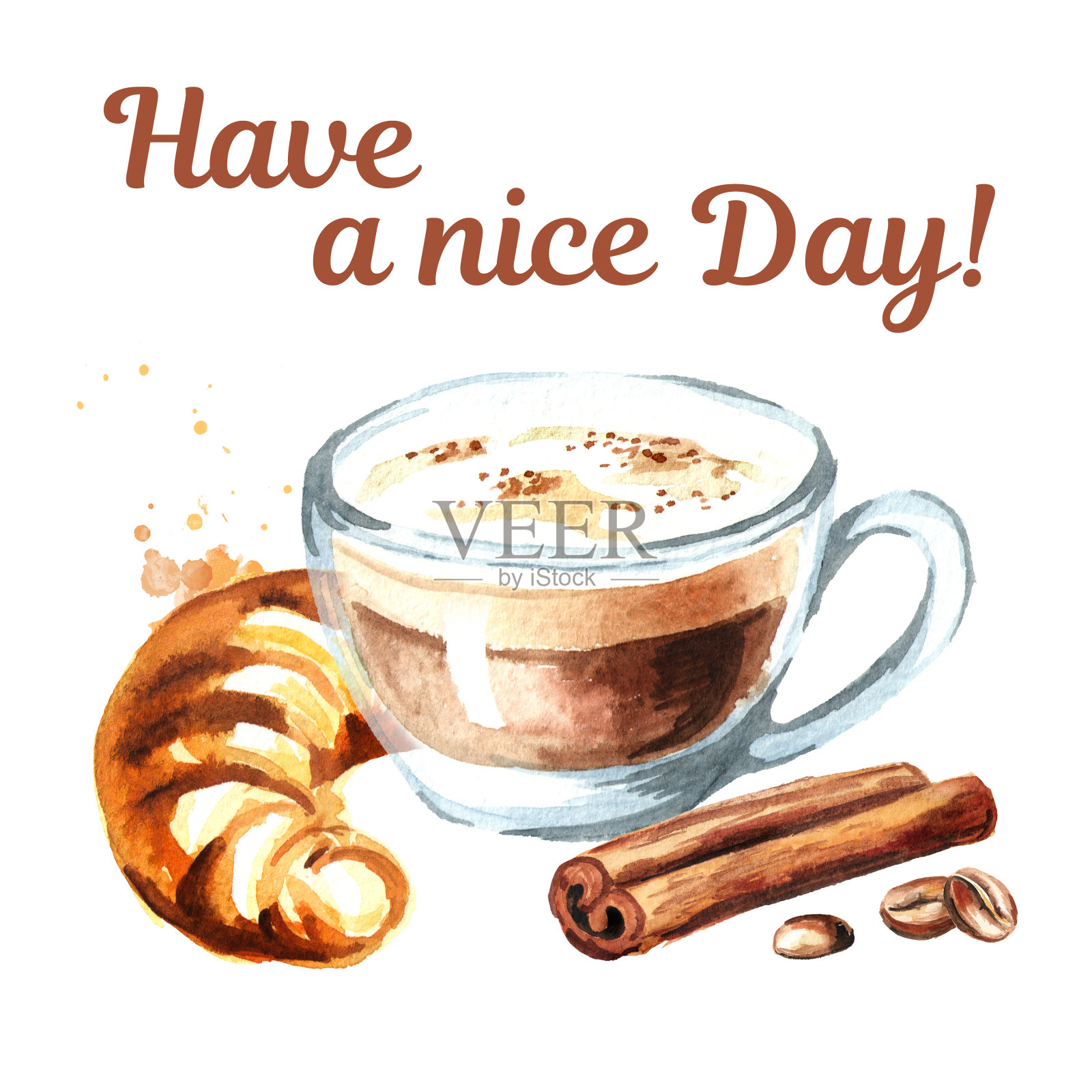 早上的名片。咖啡卡布奇诺与传统的法国牛角面包，肉桂和咖啡豆。水彩手绘插图，孤立的白色背景插画图片素材
