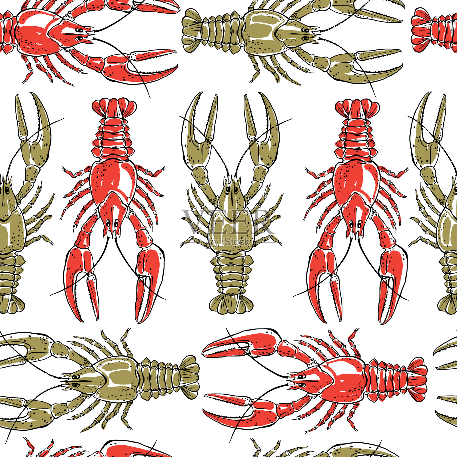 无缝模式与小龙虾在一个白色的背景。手绘矢量插图。插画图片素材