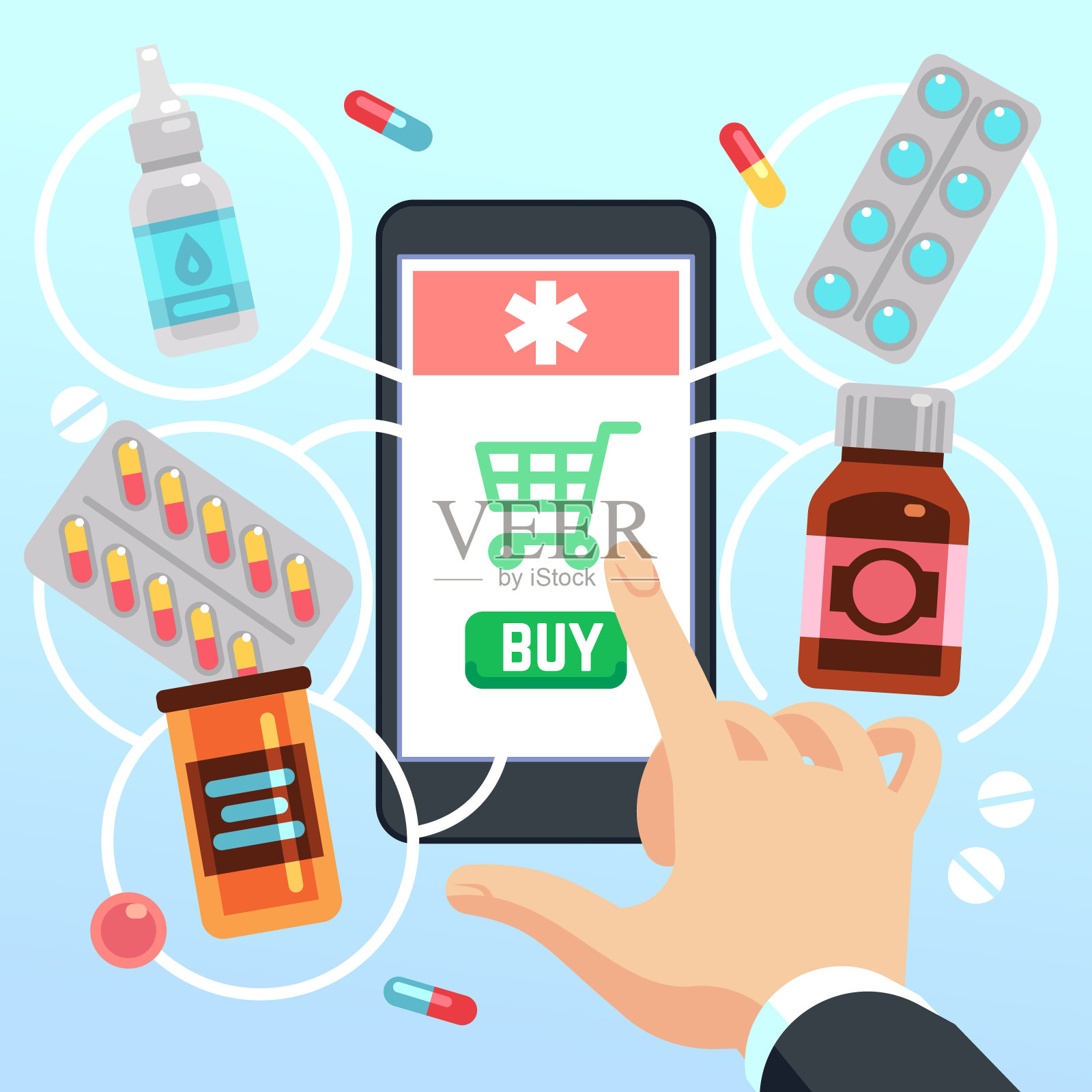 购买者在手机上选择并购买药品和药物。在线药房app矢量概念插画图片素材
