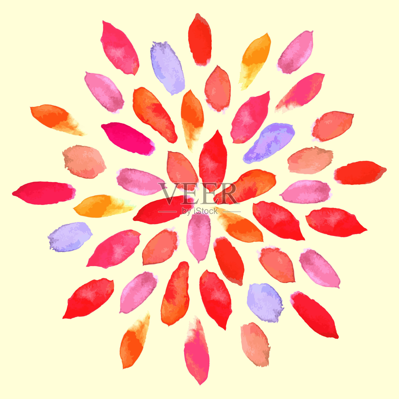 抽象花卉水彩图案。矢量手绘纹理与红色，粉色，橙色，蓝色花瓣，白色背景上的叶子。插画图片素材