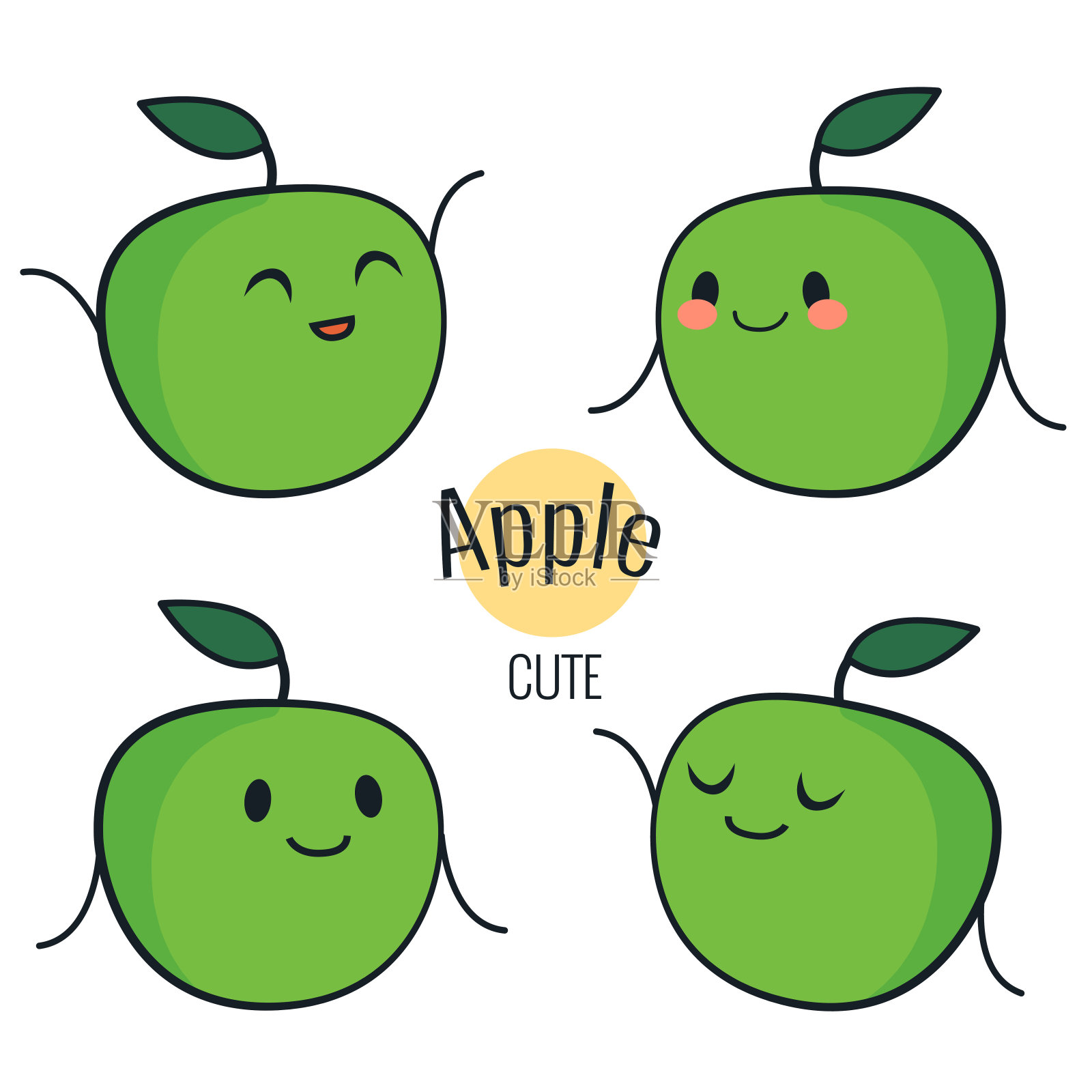 有趣的卡通绿苹果人物与不同的情绪在脸上。漫画表情贴纸套装。矢量图标，孤立在白色上。设计元素图片