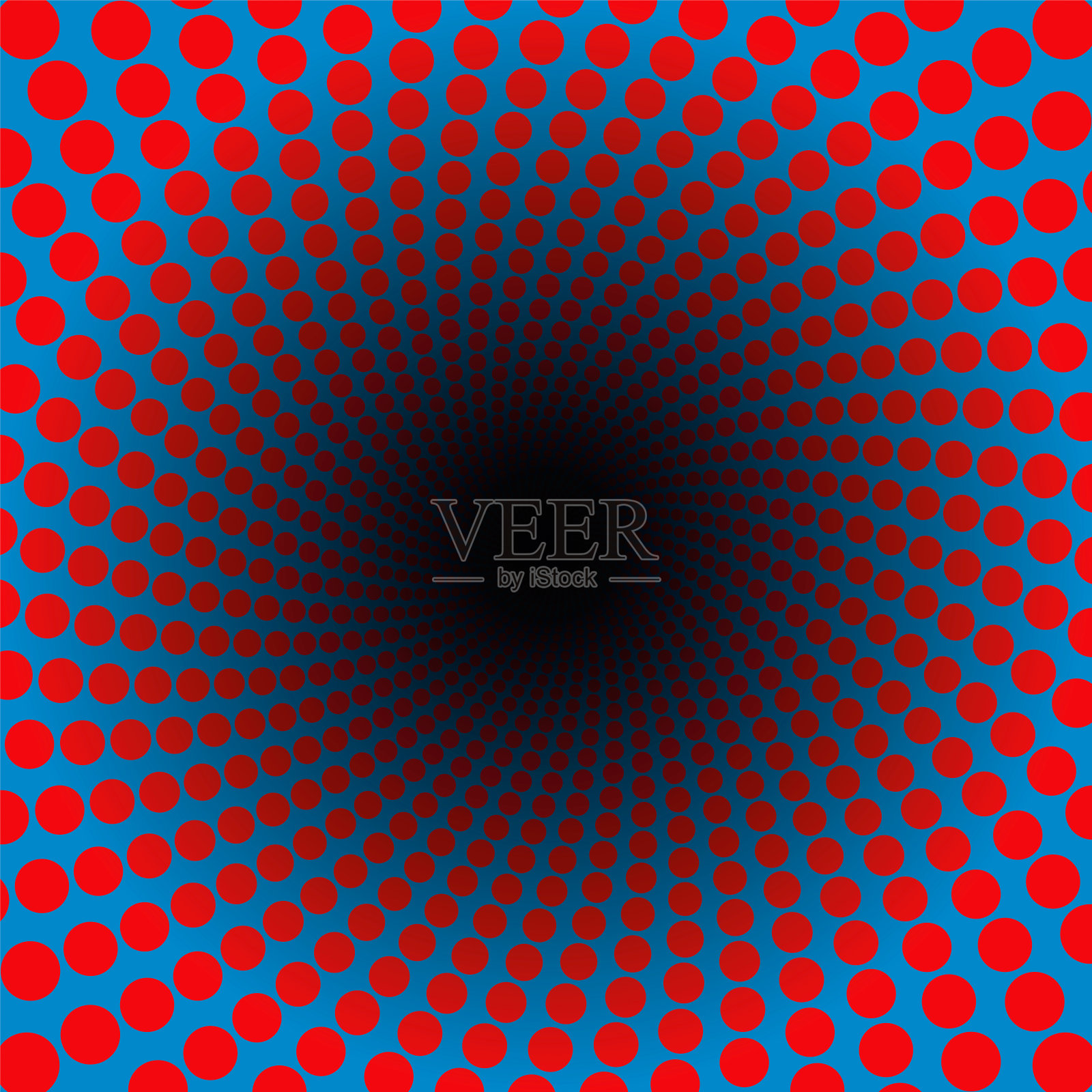 螺旋图案的红点在一个蓝色隧道与黑色的中心-催眠，充满活力，迷幻，呼呼，脉动-扭曲的圆形分形背景插图。插画图片素材