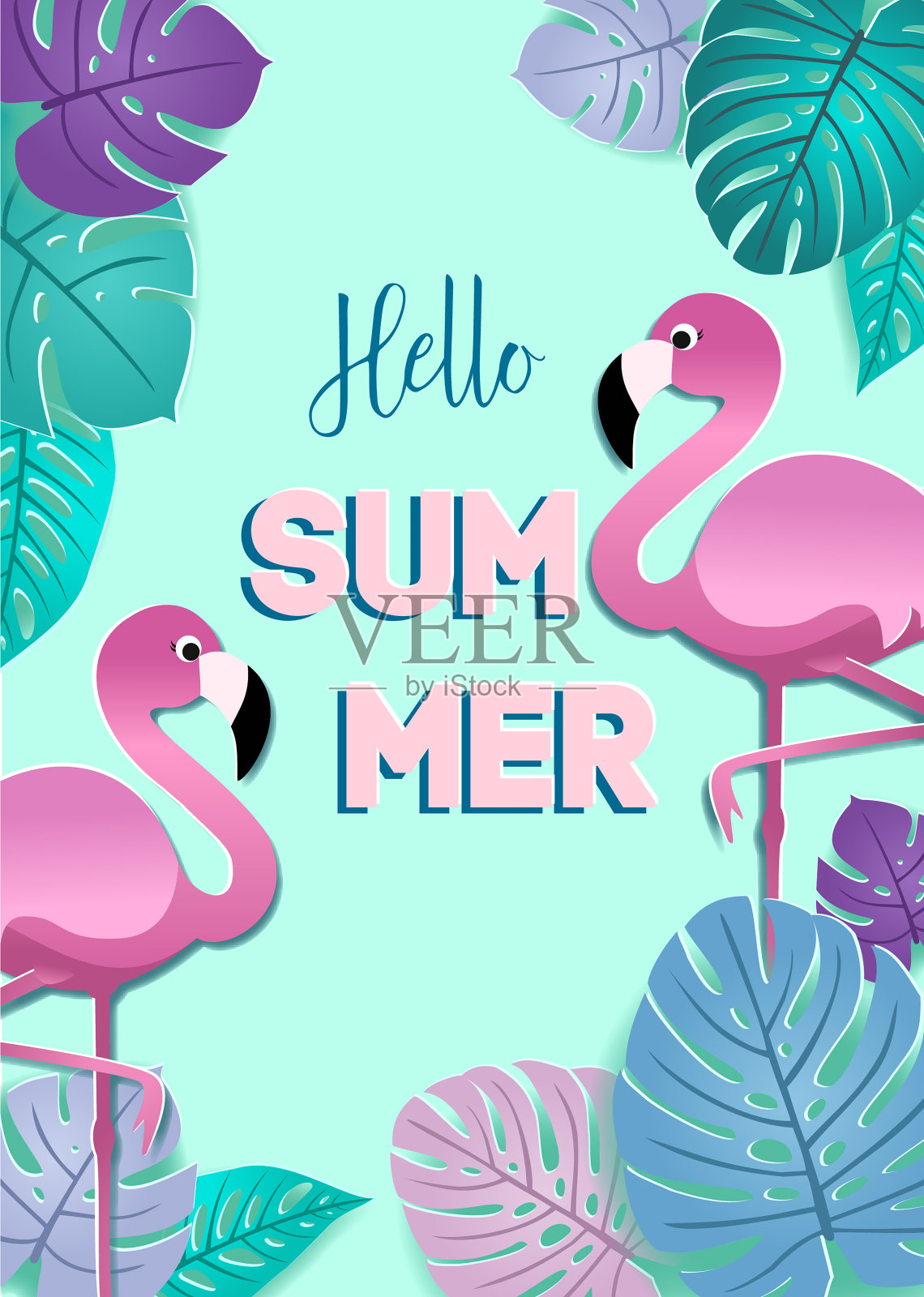 印有火烈鸟和热带树叶的夏日卡片。矢量设计的横幅，传单，邀请，海报。插画图片素材
