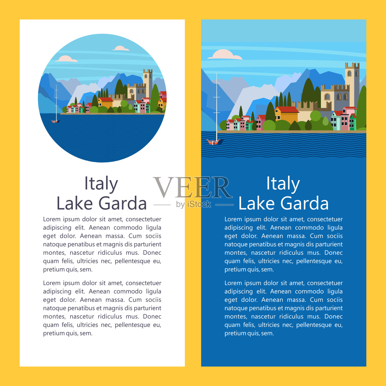 意大利。加尔达湖。城市萨罗城。矢量插图。设计模板素材