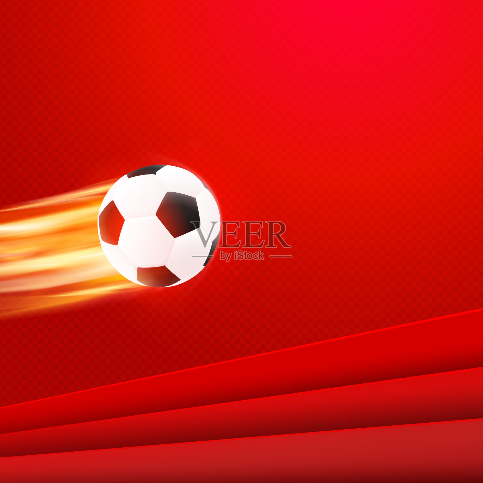 足球海报设计。红色矢量背景与黑白真实足球在火焰火焰。运动旗帜模板插画图片素材