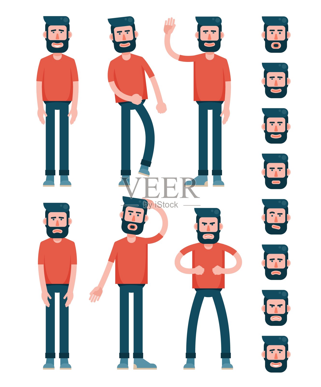 穿着t恤的有胡子的扁平男人插画图片素材