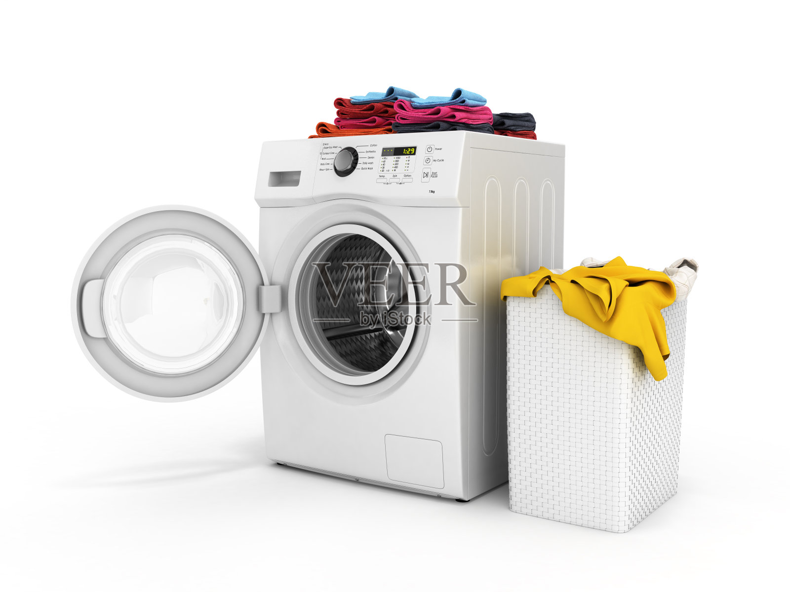 洗衣机与彩色毛巾和洗衣篮与脏衣服隔离在白色背景3d渲染照片摄影图片
