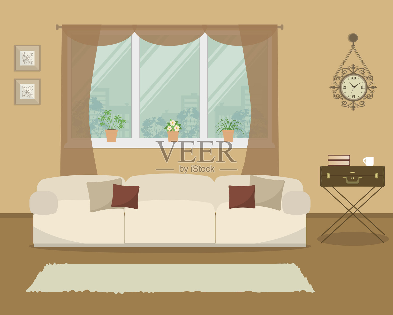 带有白色沙发的复古风格的客厅插画图片素材
