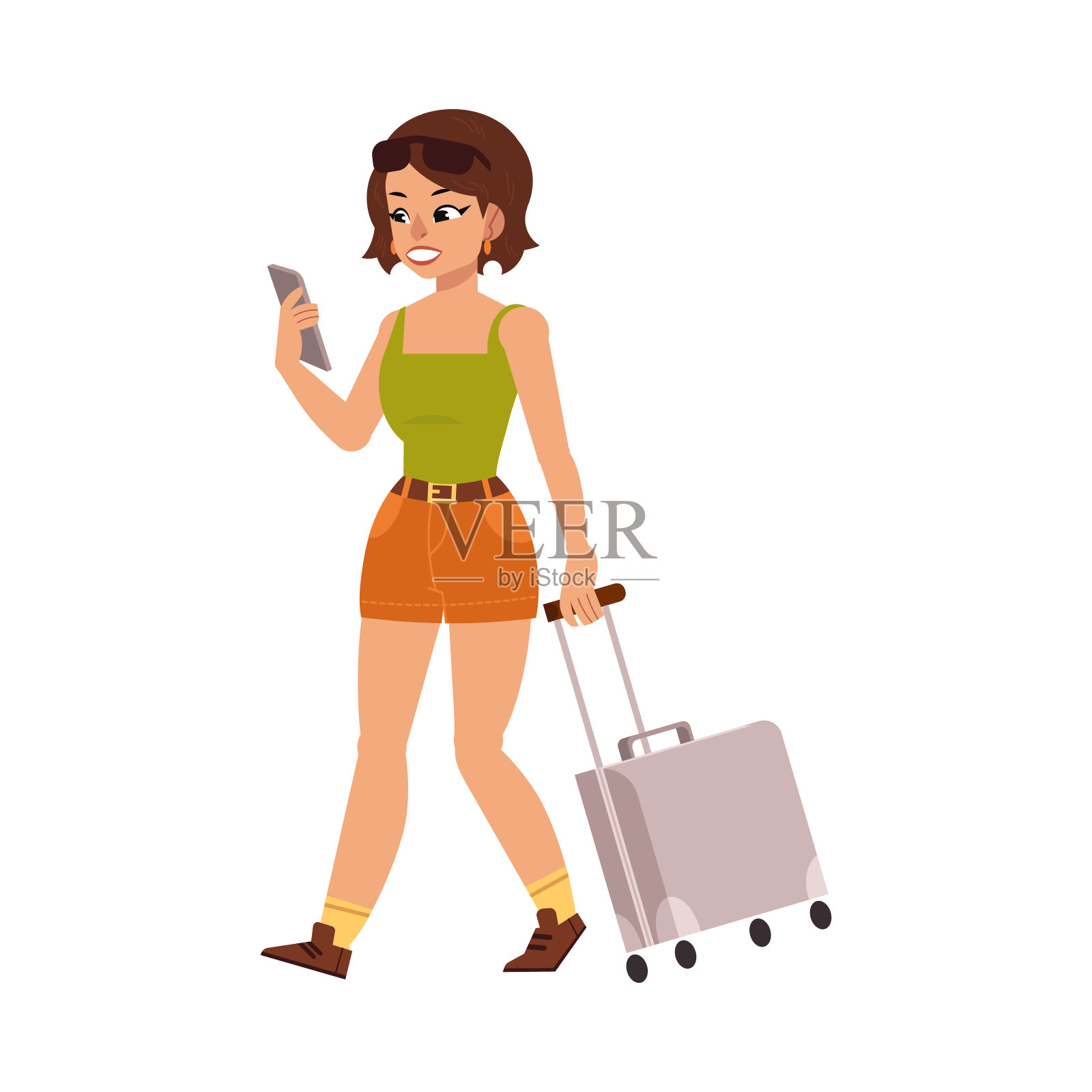 矢量扁女游客旅行袋手提箱插画图片素材