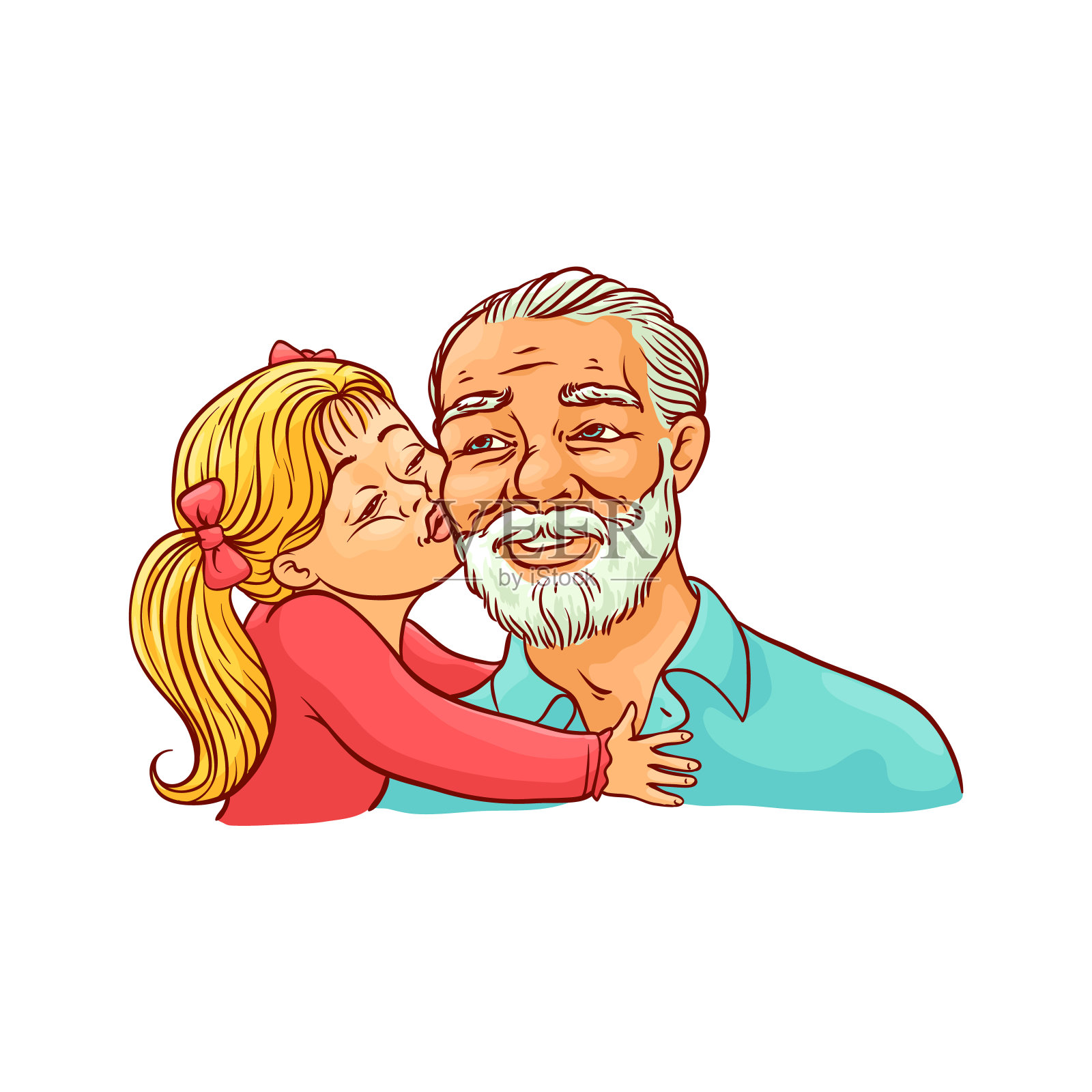 小女孩亲吻她的祖父的脸颊孤立在白色的背景。设计元素图片