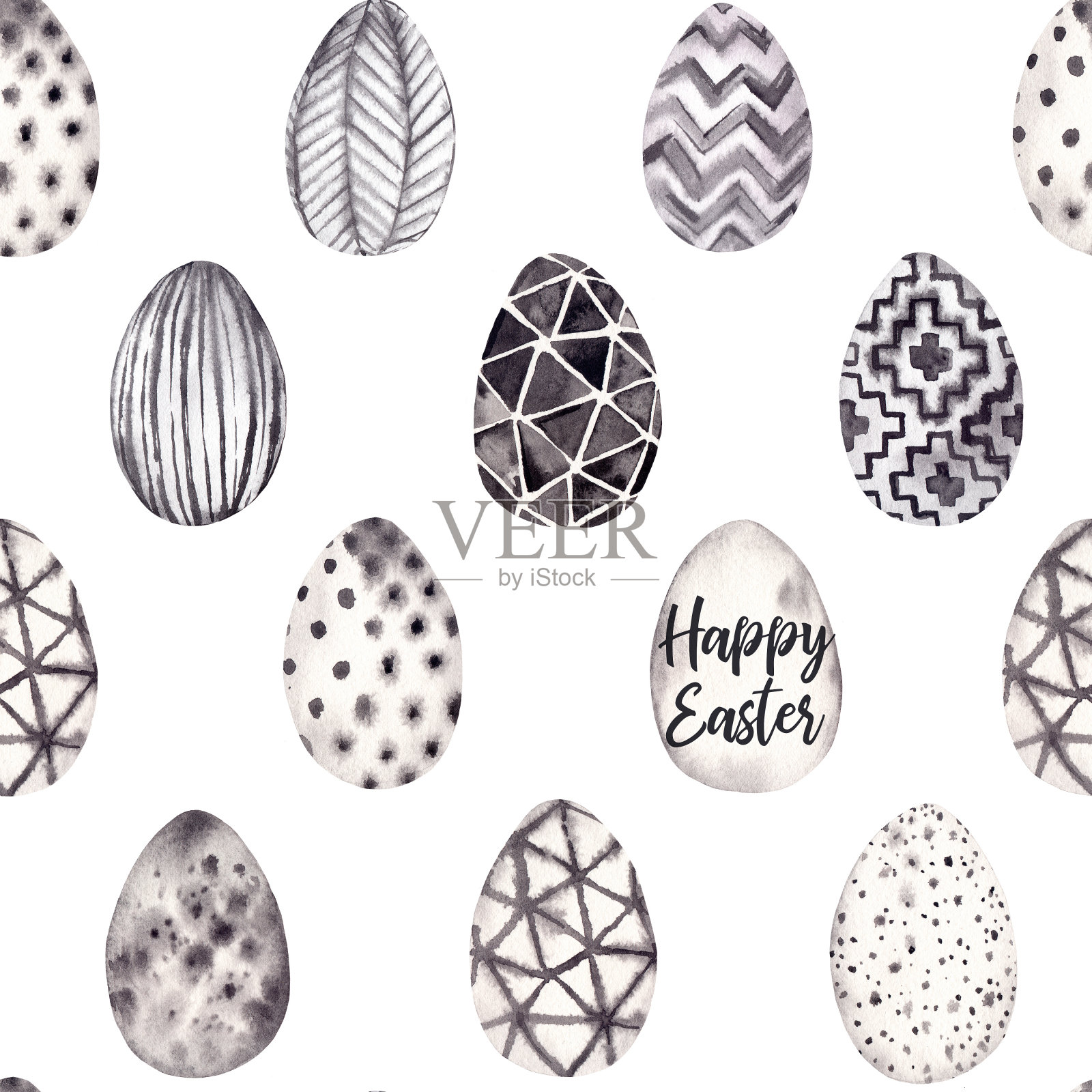 水彩无缝模式。黑色和白色的背景和时髦的鸡蛋。复活节快乐!草图。适合制作请柬、贺卡、海报、印刷品、包装等插画图片素材