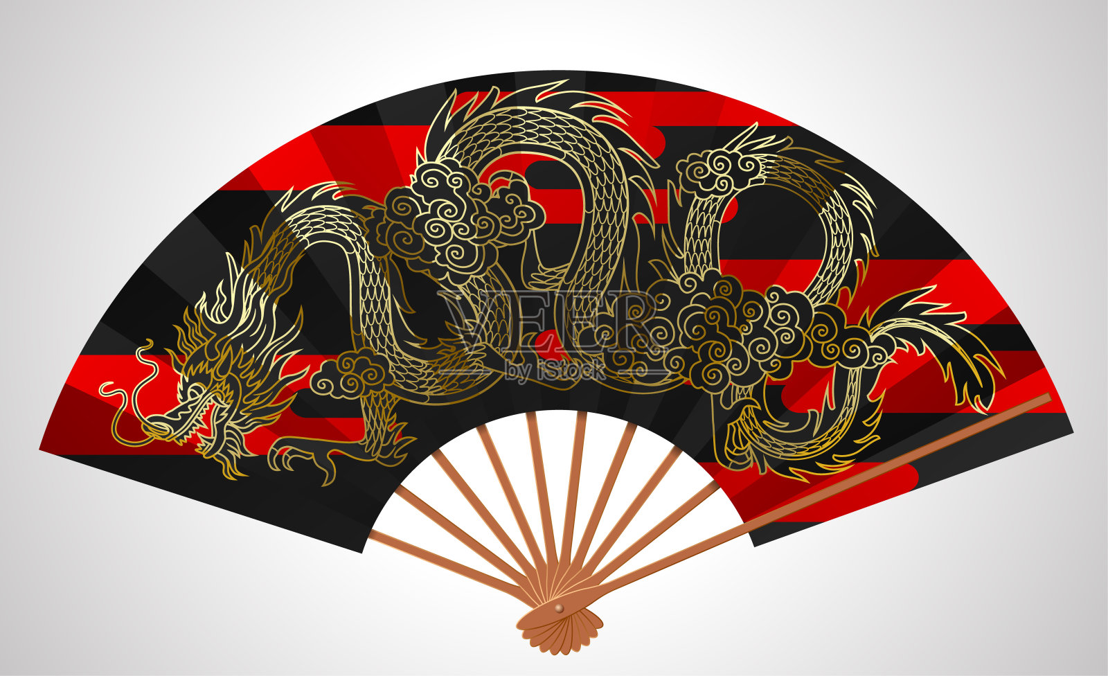 黑色装饰中国开扇与金色线性飞龙和云孤立在白色插画图片素材