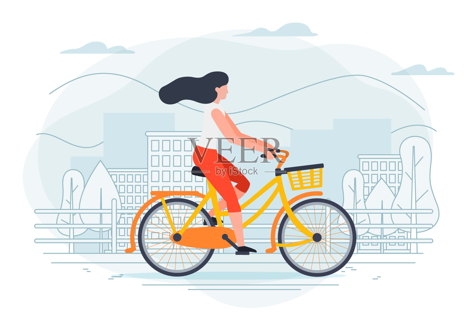 矢量横幅模板与女孩骑自行车。插画图片素材