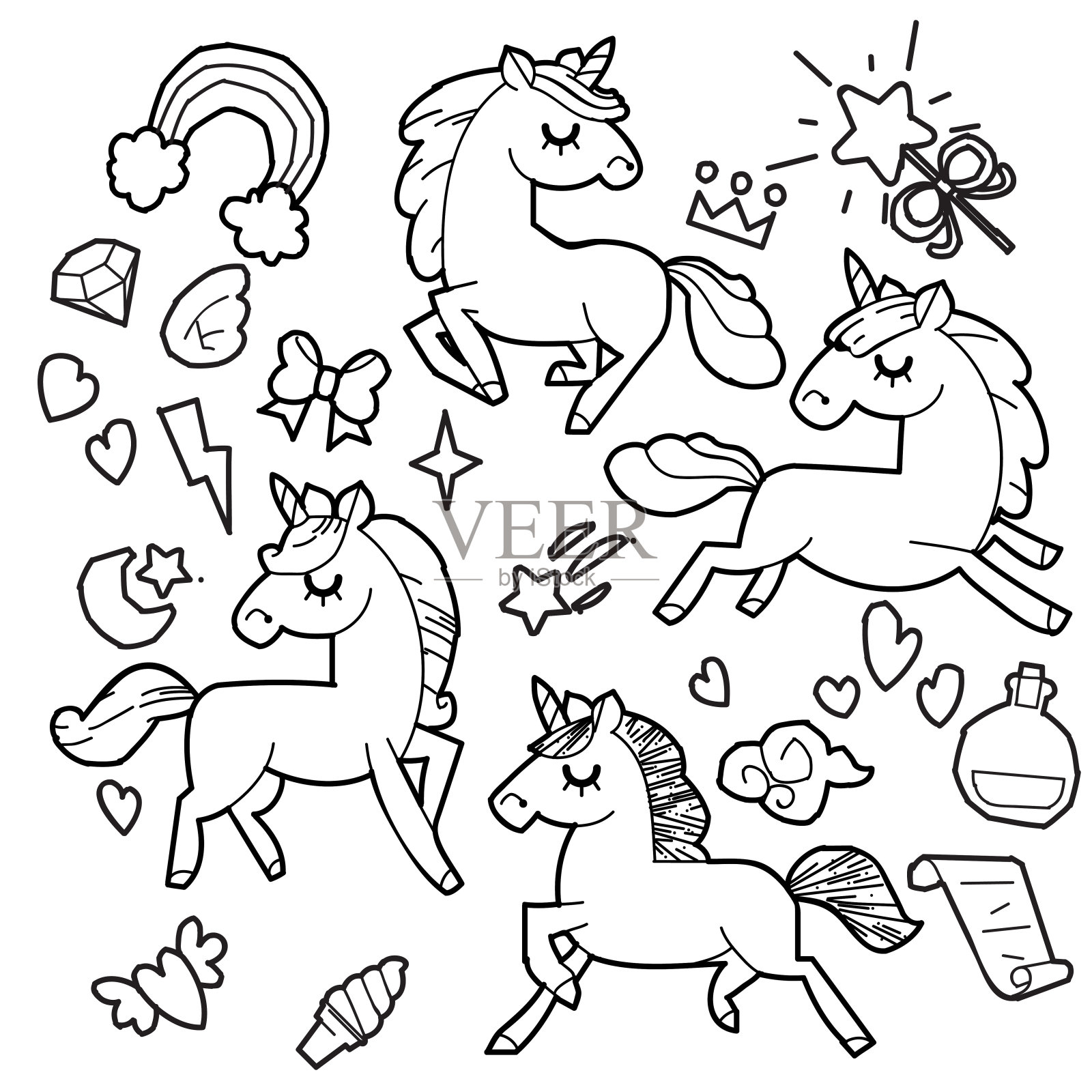 可爱的独角兽和小马收集魔法物品，彩虹，仙女的翅膀，水晶，云彩，药水。手绘线条风格。插画图片素材