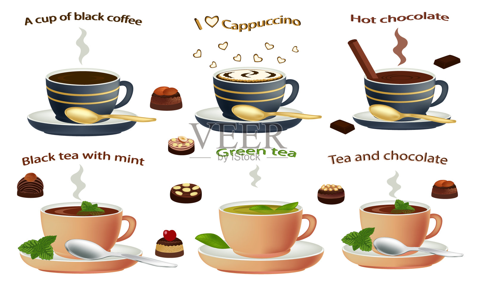 一套热饮。咖啡拿铁，摩卡和卡布奇诺杯，孤立在白色背景。热巧克力和红茶在马克杯。矢量插图的绿茶和草药茶。插画图片素材