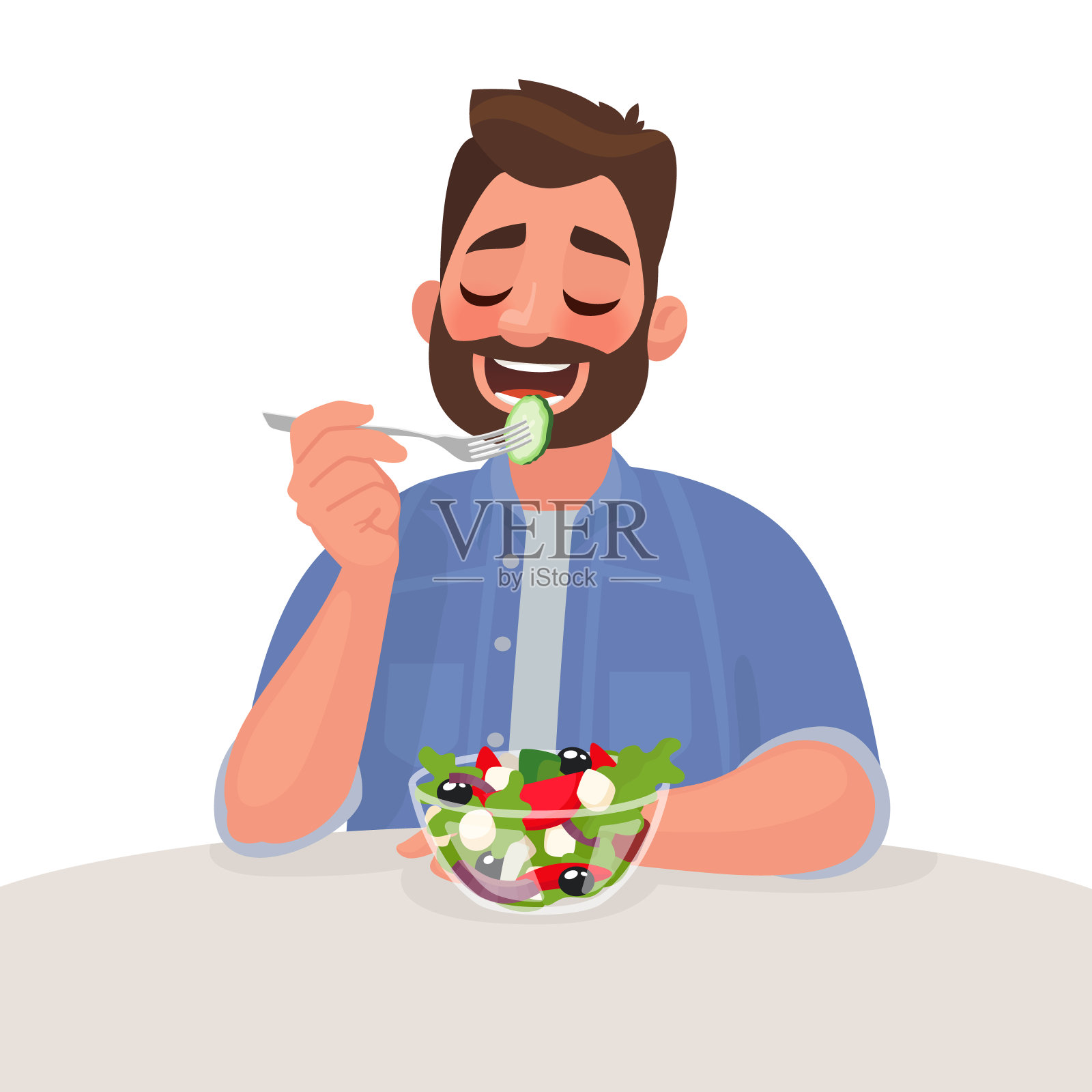男人正在吃沙拉。素食者。正确的营养和健康的生活方式。矢量图设计元素图片