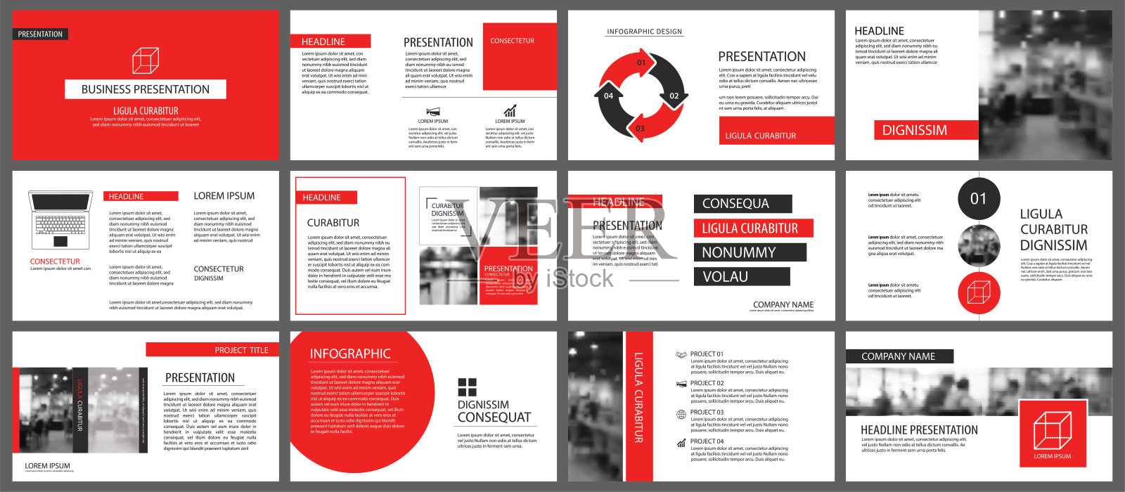 红色和白色元素为幻灯片信息图的背景。表示模板。用于商业年度报告，传单，企业营销，传单，广告，小册子，现代风格。设计模板素材