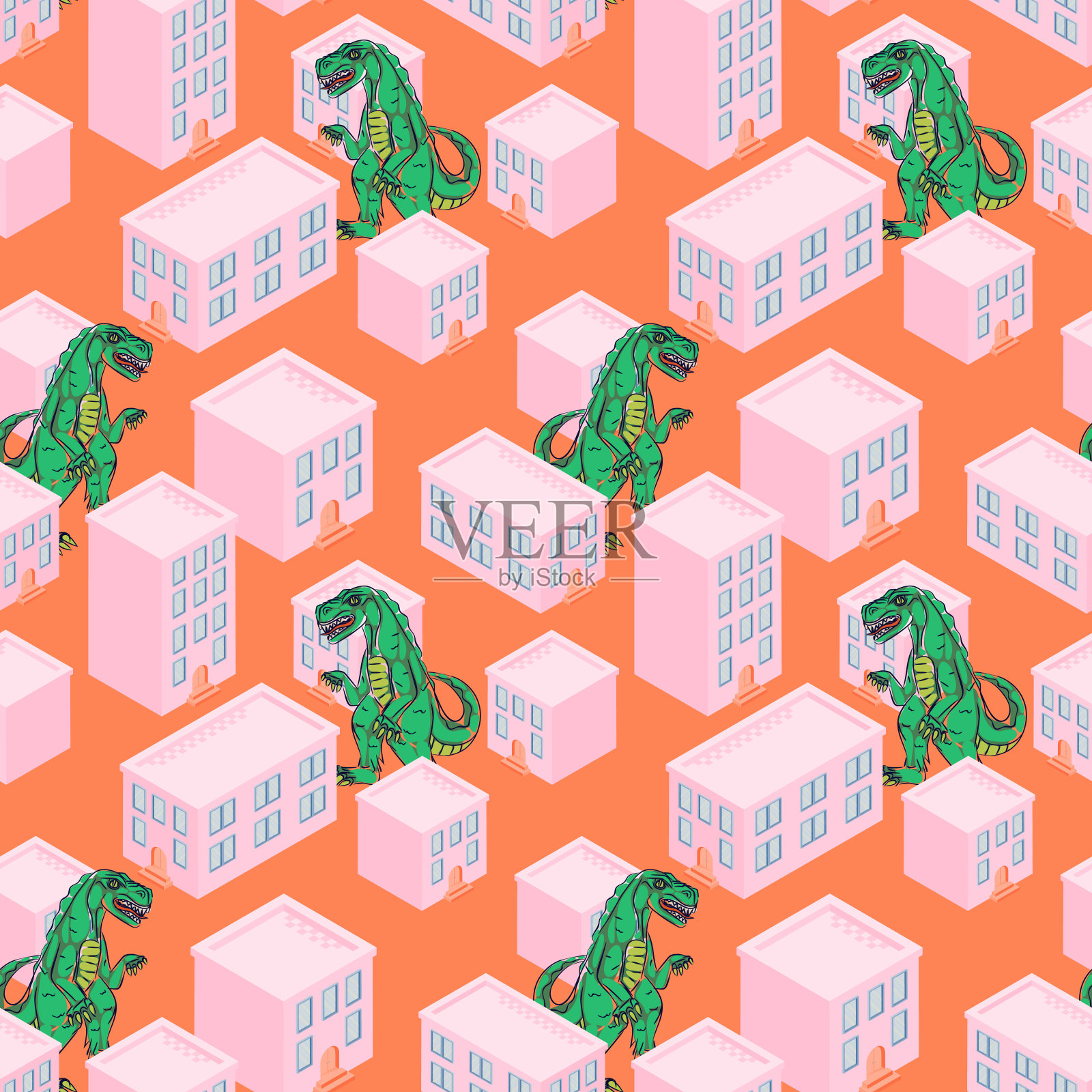 恐龙怪物在粉色城市无缝矢量模式插画图片素材