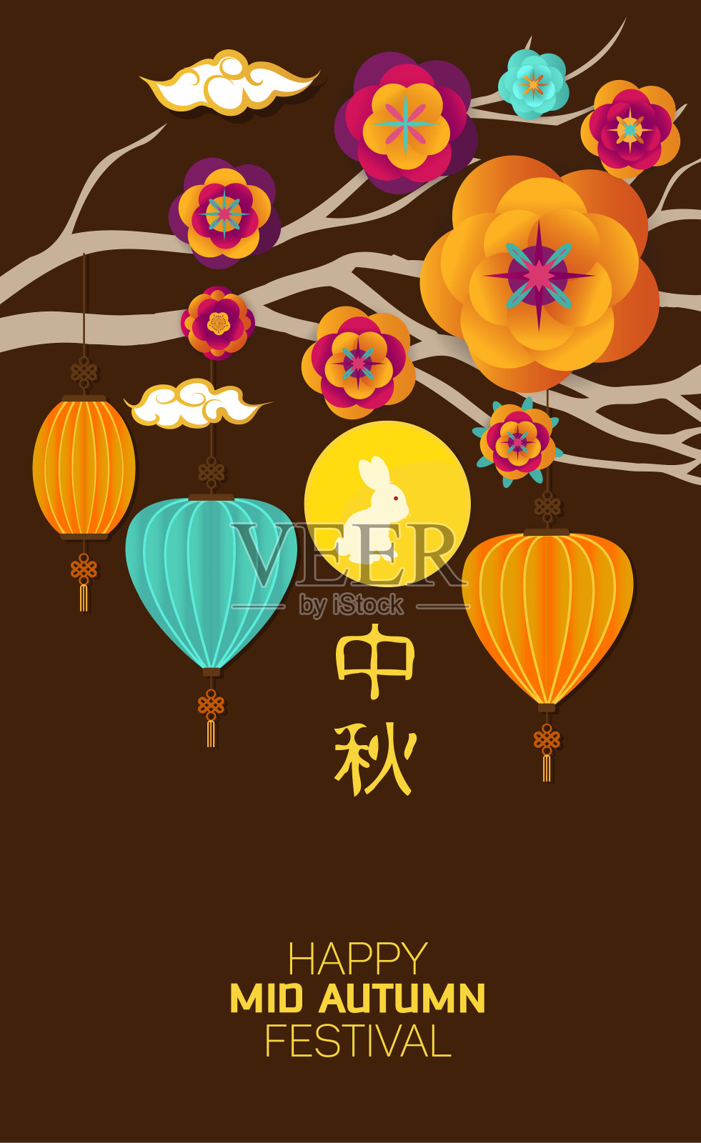 中秋节与灯笼和兔子的背景。翻译:秋天的中期插画图片素材
