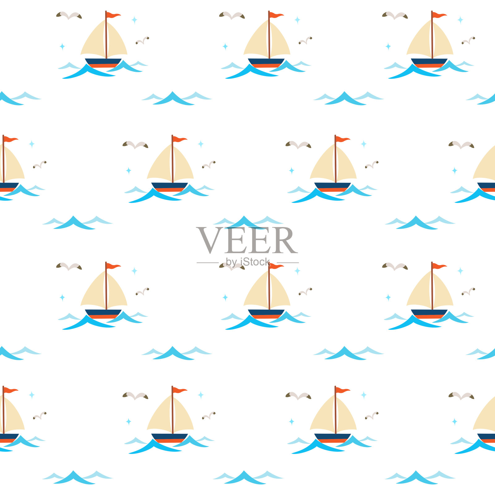 游艇与波浪无缝模式的白色背景插画图片素材