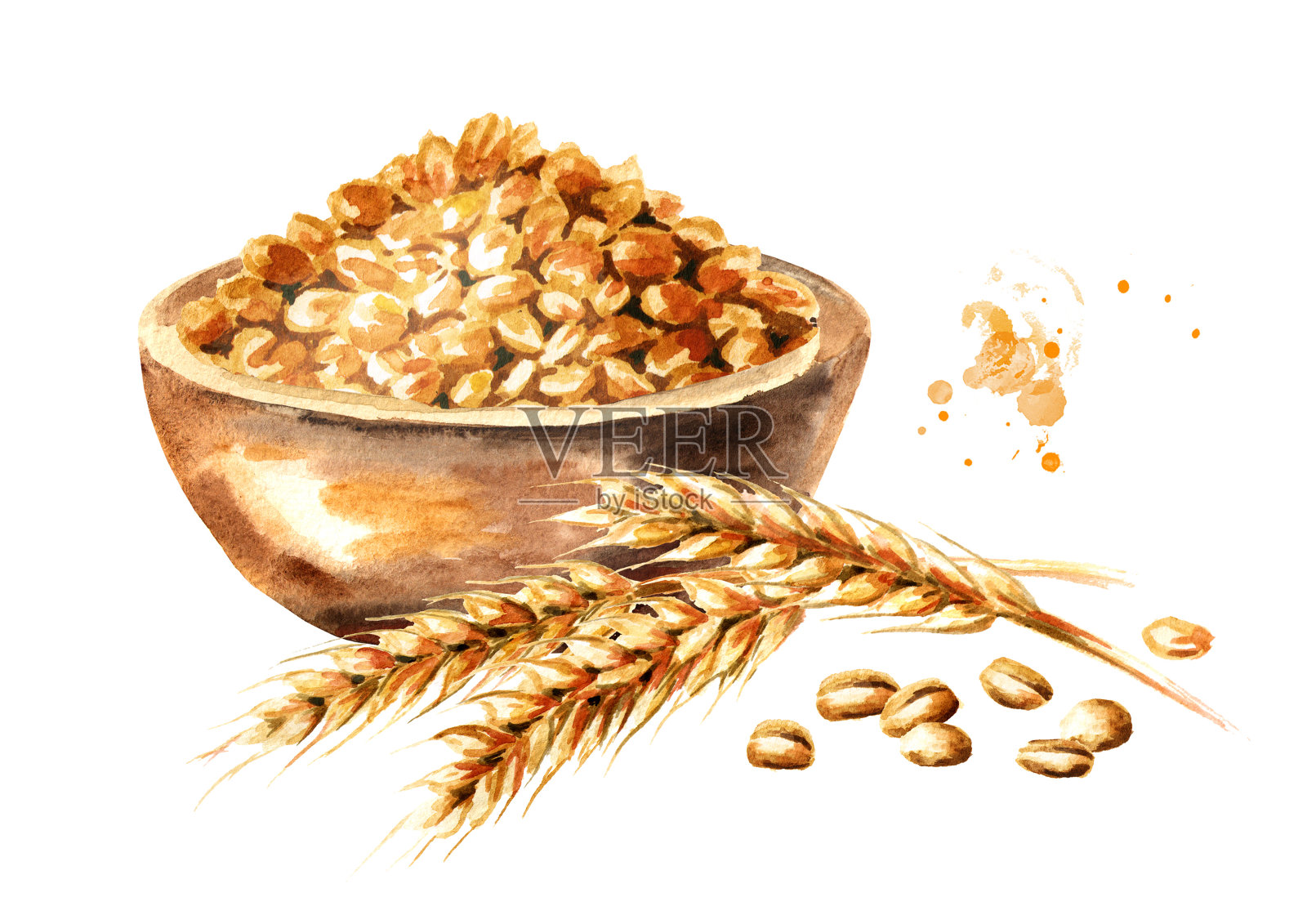 小麦穗、碗、谷粒。水彩手绘插图，孤立的白色背景插画图片素材