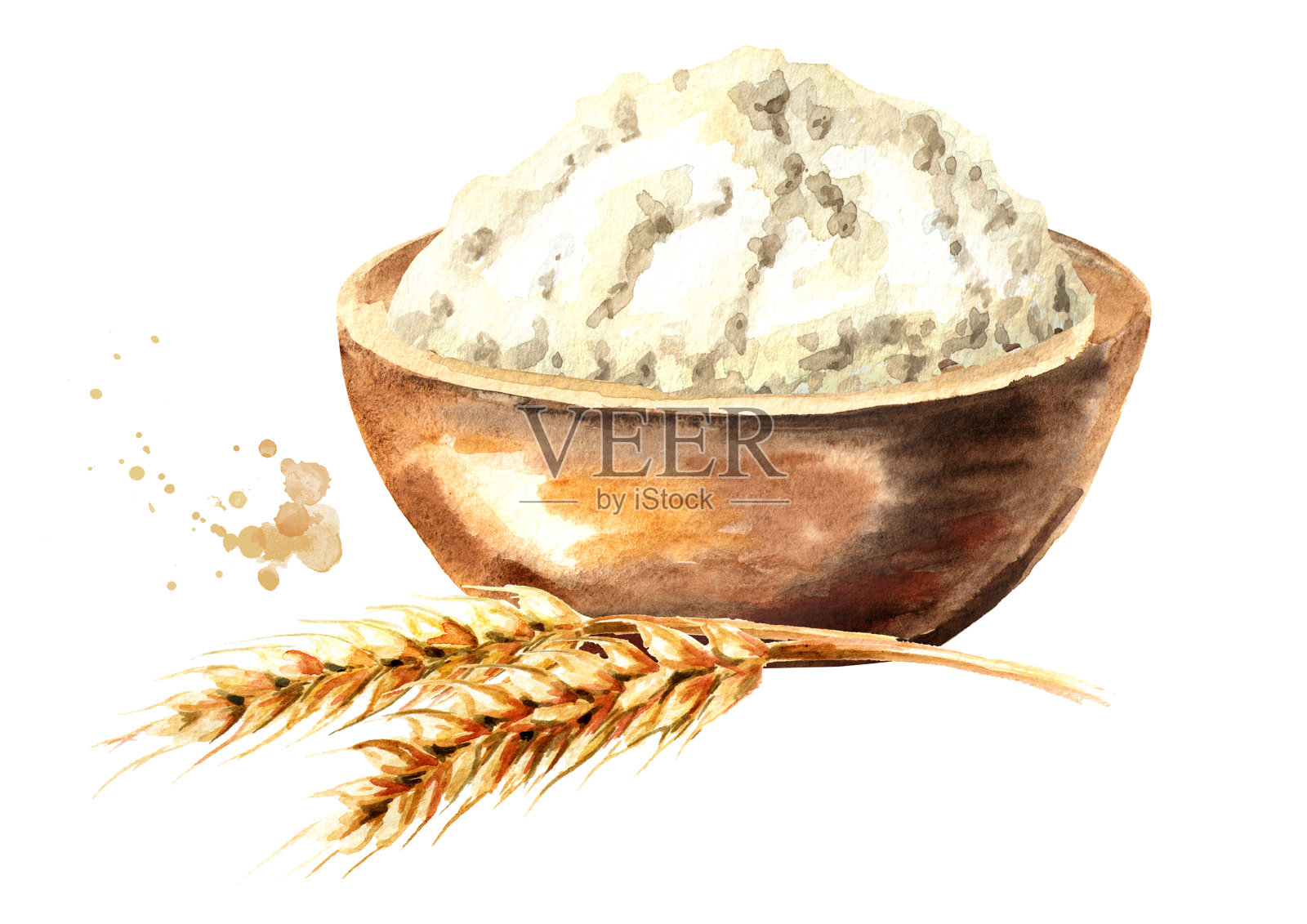 小麦穗和面粉碗。水彩手绘插图，孤立的白色背景插画图片素材