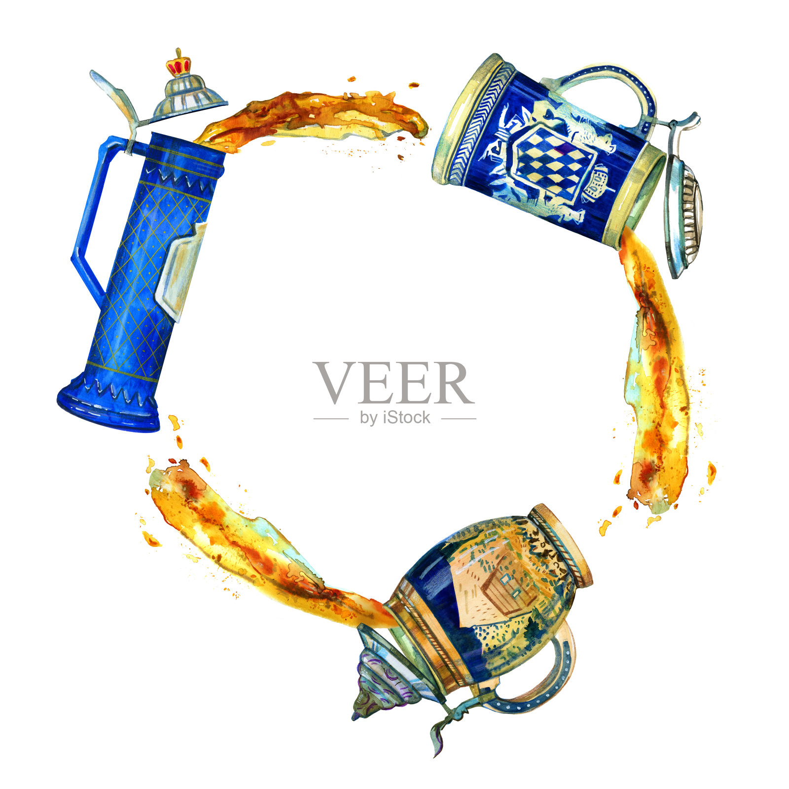 手绘水彩三巴伐利亚啤酒陶瓷杯在圆圈与啤酒飞溅插画图片素材