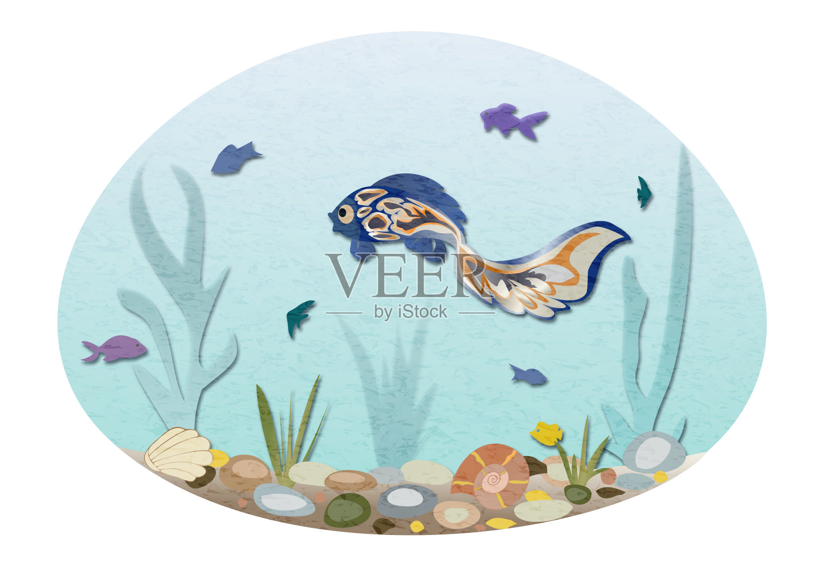 花花绿绿的鱼儿在海中游动，海底有贝壳和石头。插画图片素材