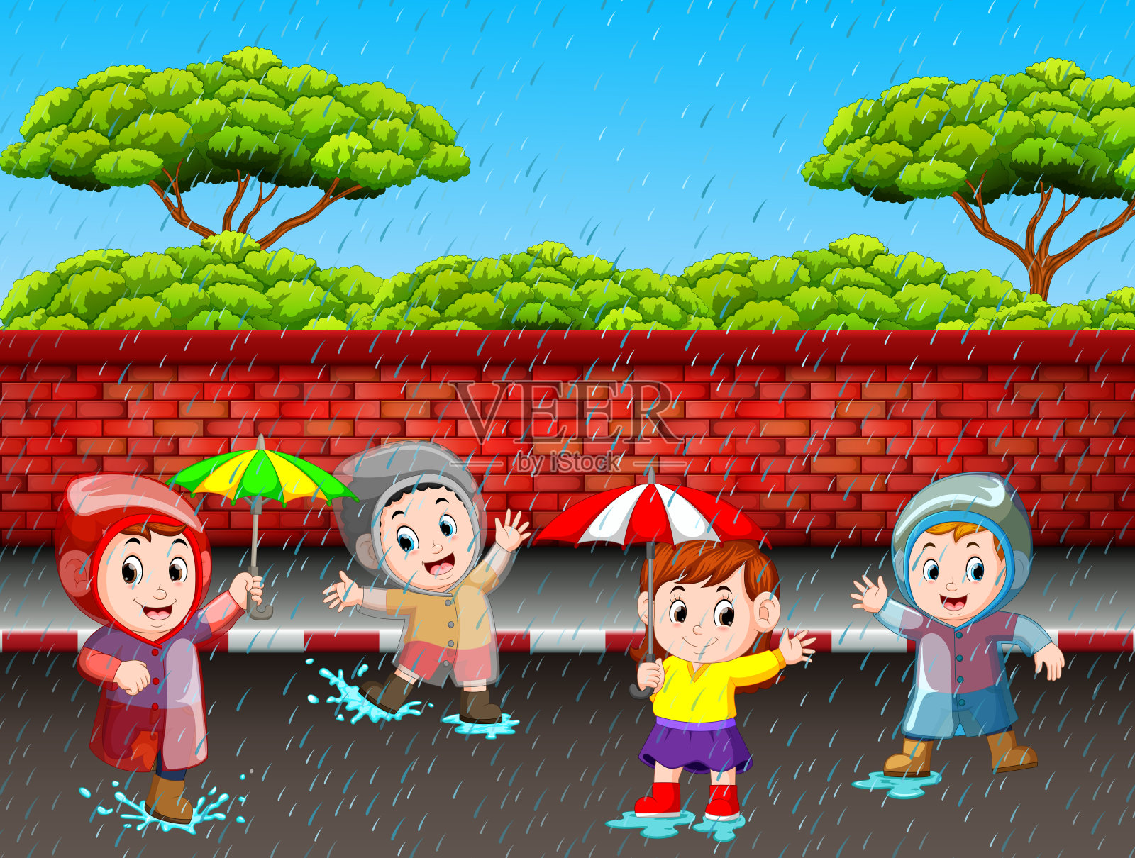许多孩子在雨中奔跑插画图片素材