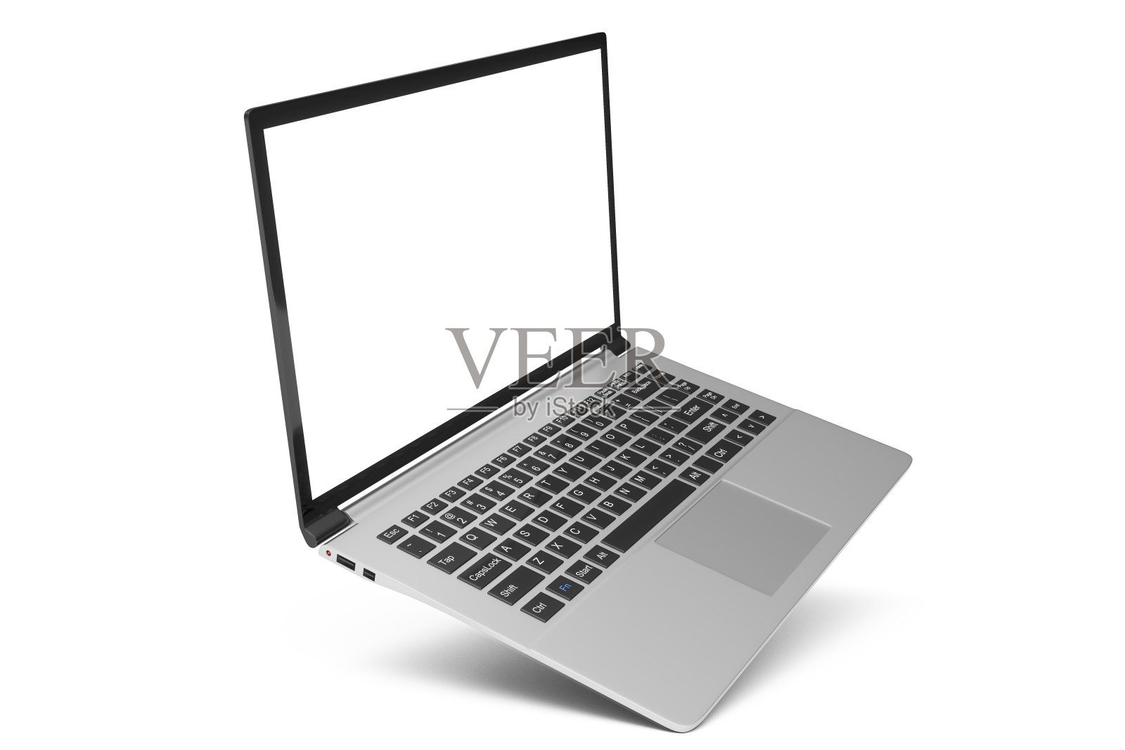 3D插图笔记本电脑孤立的白色背景。有空位的笔记本，有角度的屏幕笔记本。照片摄影图片