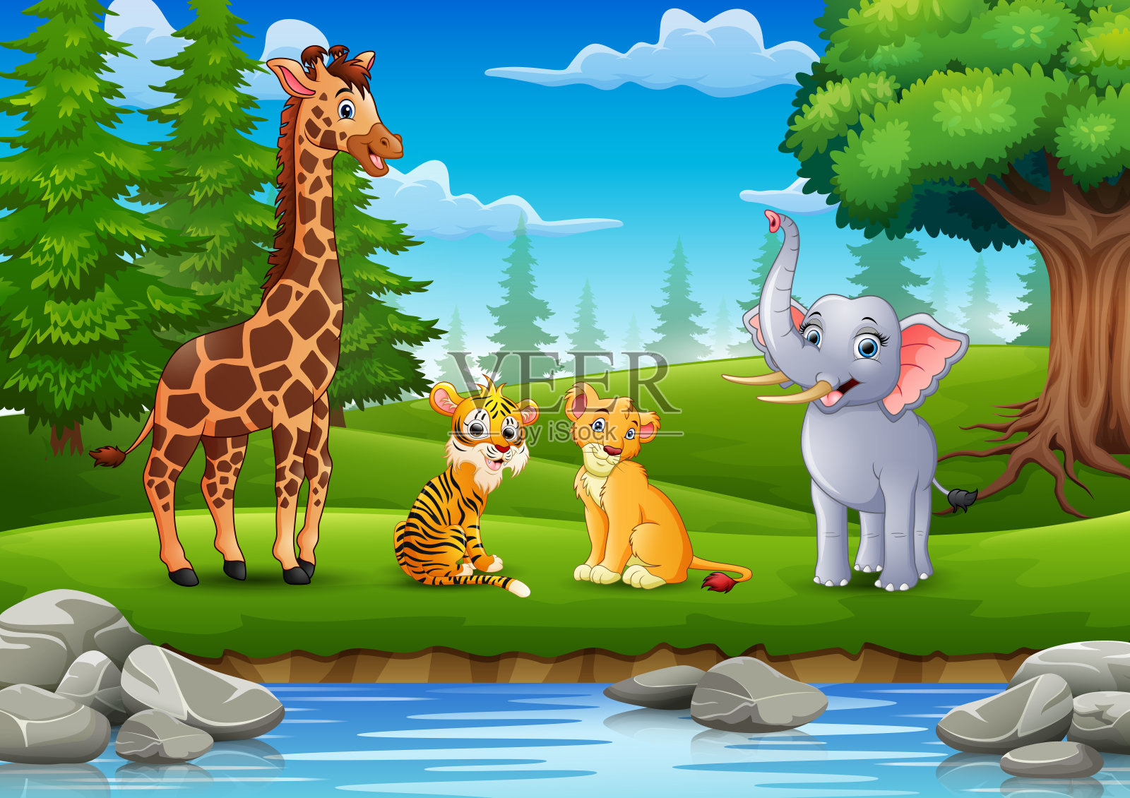 动物们在河边享受大自然插画图片素材