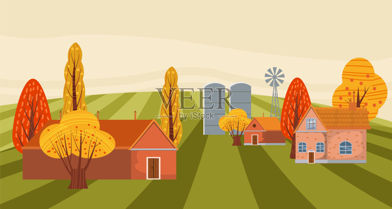 农场现代平面卡通设计风格矢量插图在绿色背景与文字的地方。一个乡村的乡村景观秋天有谷仓，风车，草垛，池塘，青贮塔，孤立插画图片素材