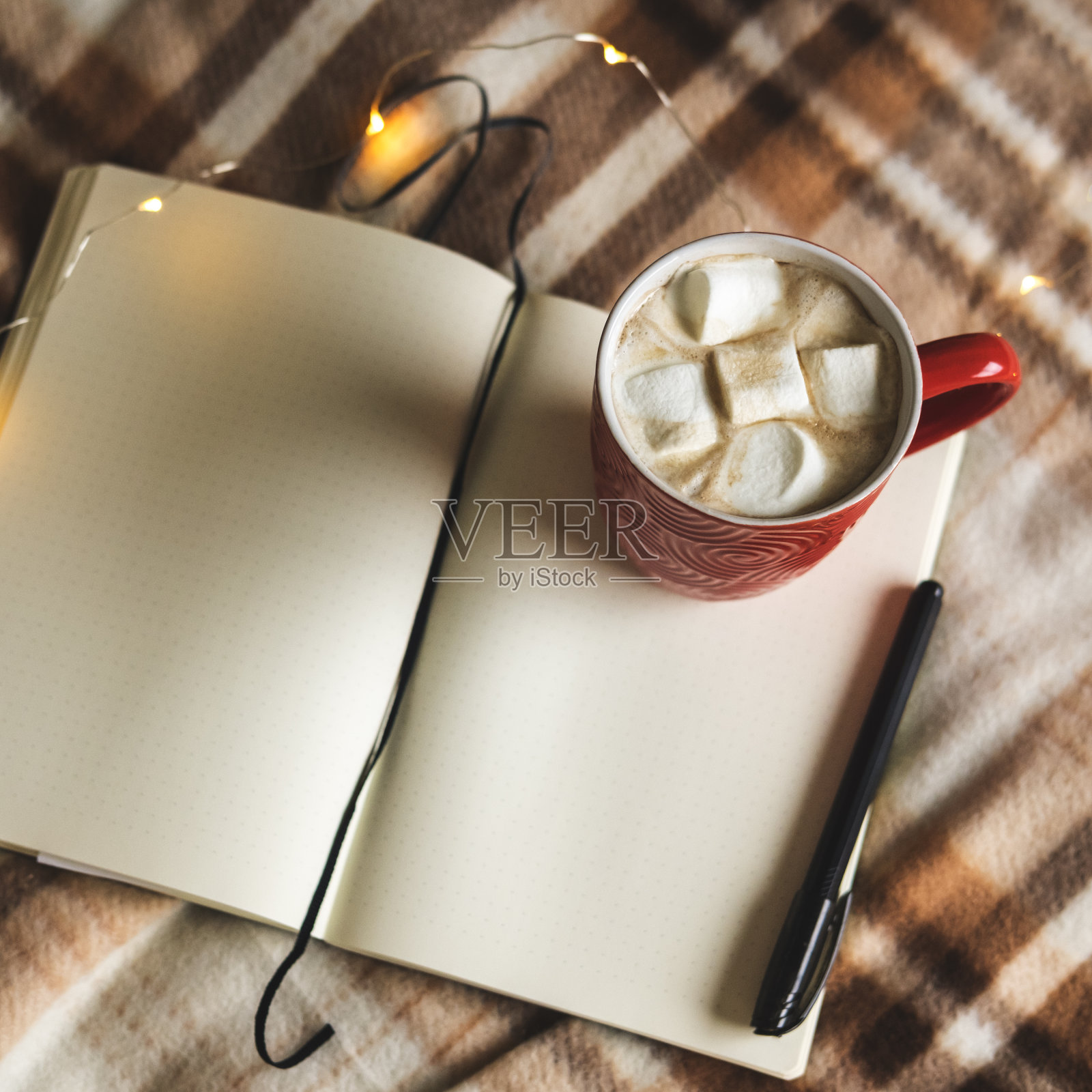 秋冬背景笔记本，钢笔，花环，可可杯，咖啡或热巧克力与棉花糖格子。工作理念，在温馨舒适的家庭环境中制定计划。照片摄影图片