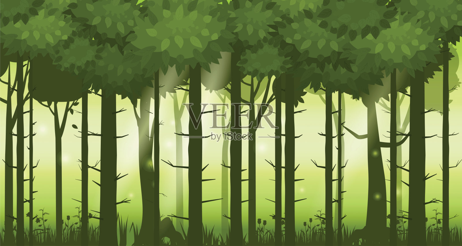 背景森林的卡通插图。明亮的森林，剪影，灌木，蕨类植物和花朵。设计游戏、应用、网站。向量，cadroon风格，孤立插画图片素材