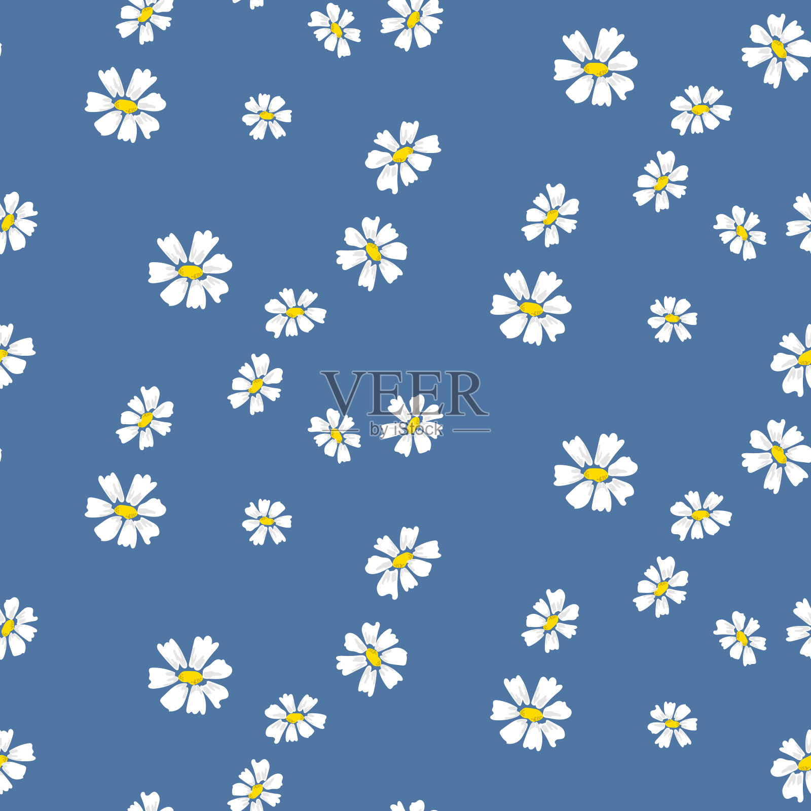 复古菊简单的蓝色花朵无缝矢量图案插画图片素材