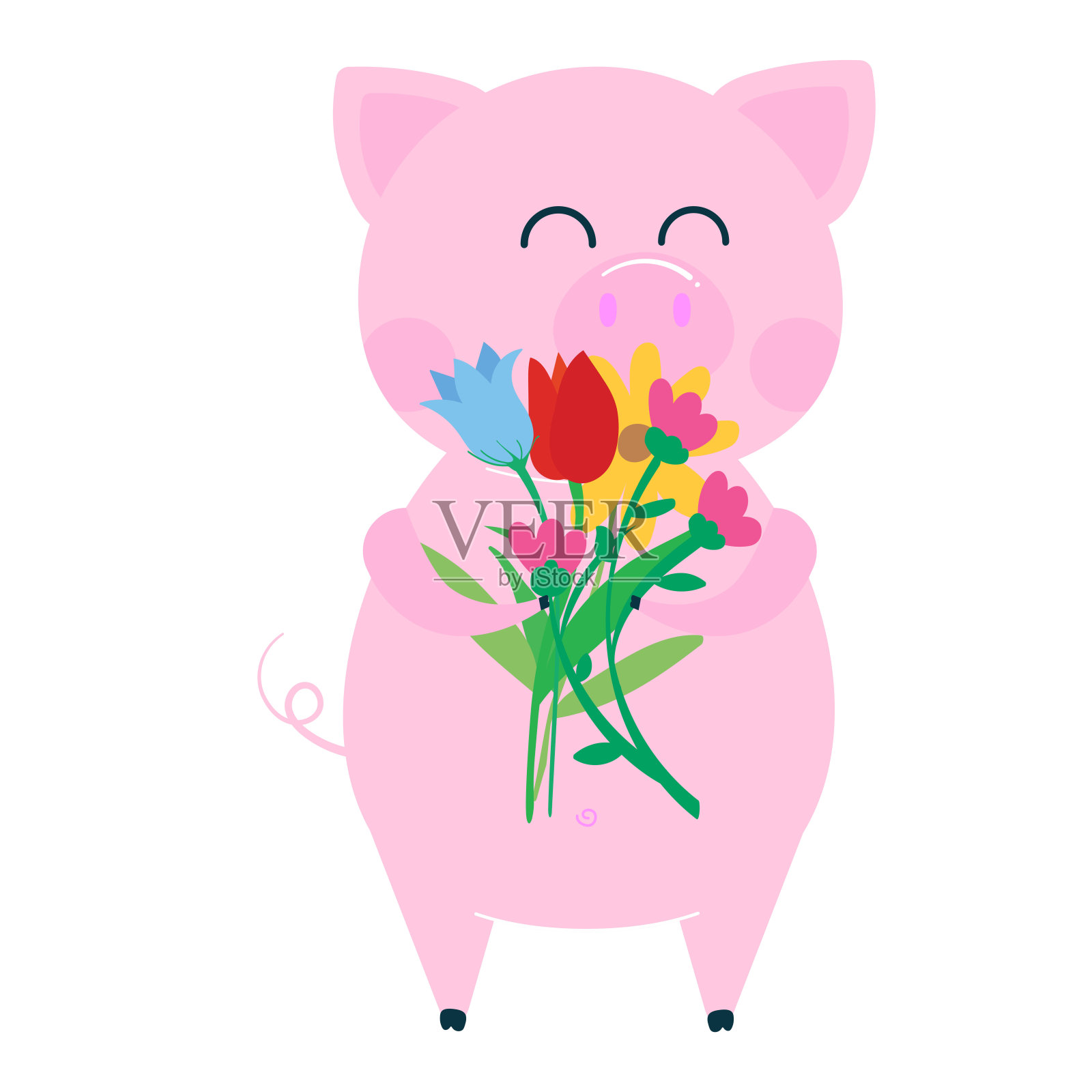可爱有趣的猪字——2019年中国新年的象征。平面风格设计矢量插图孤立在白色背景。快乐的小猪小猪嗅着花。插画图片素材