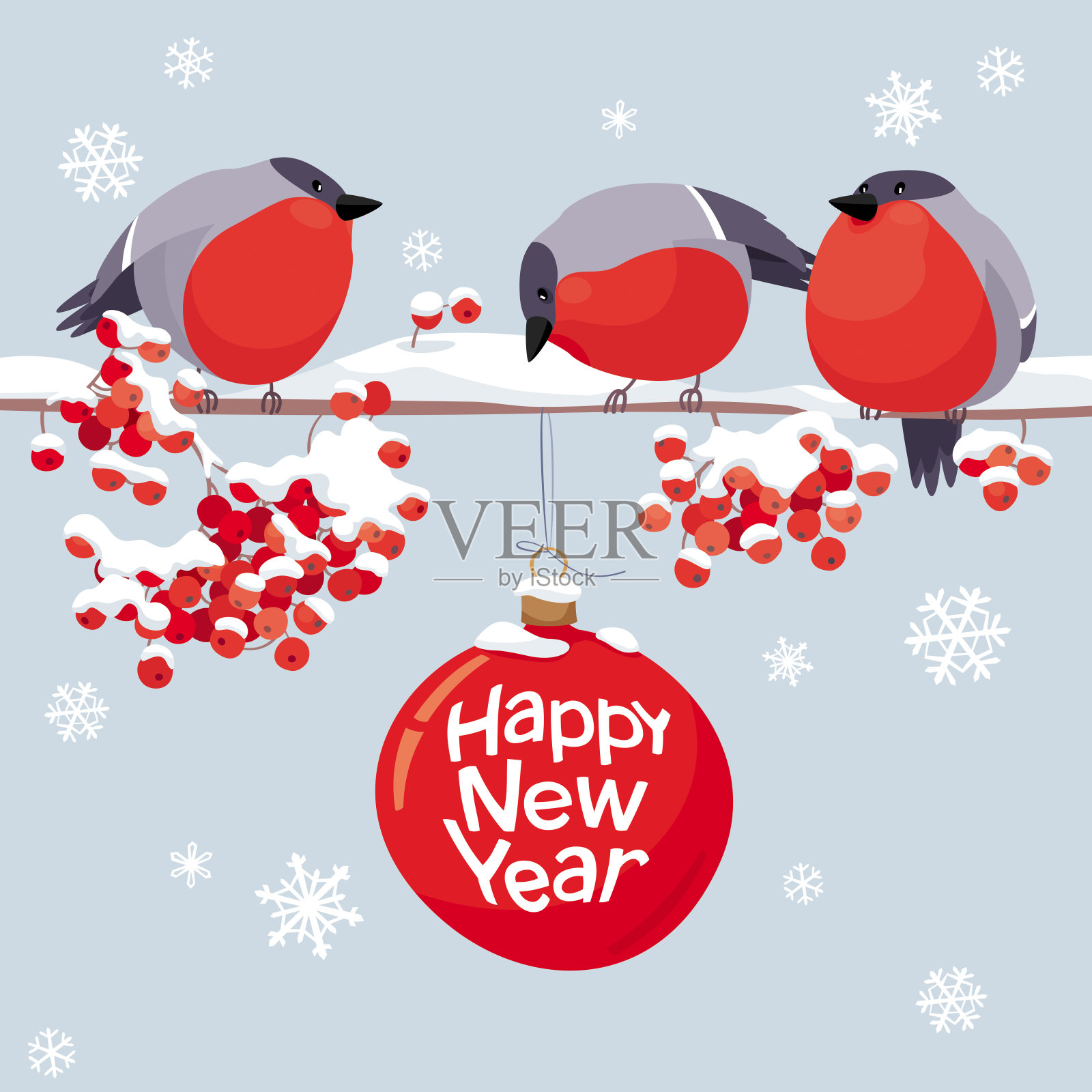 矢量红腹灰雀和花楸圣诞和新年形象插画图片素材
