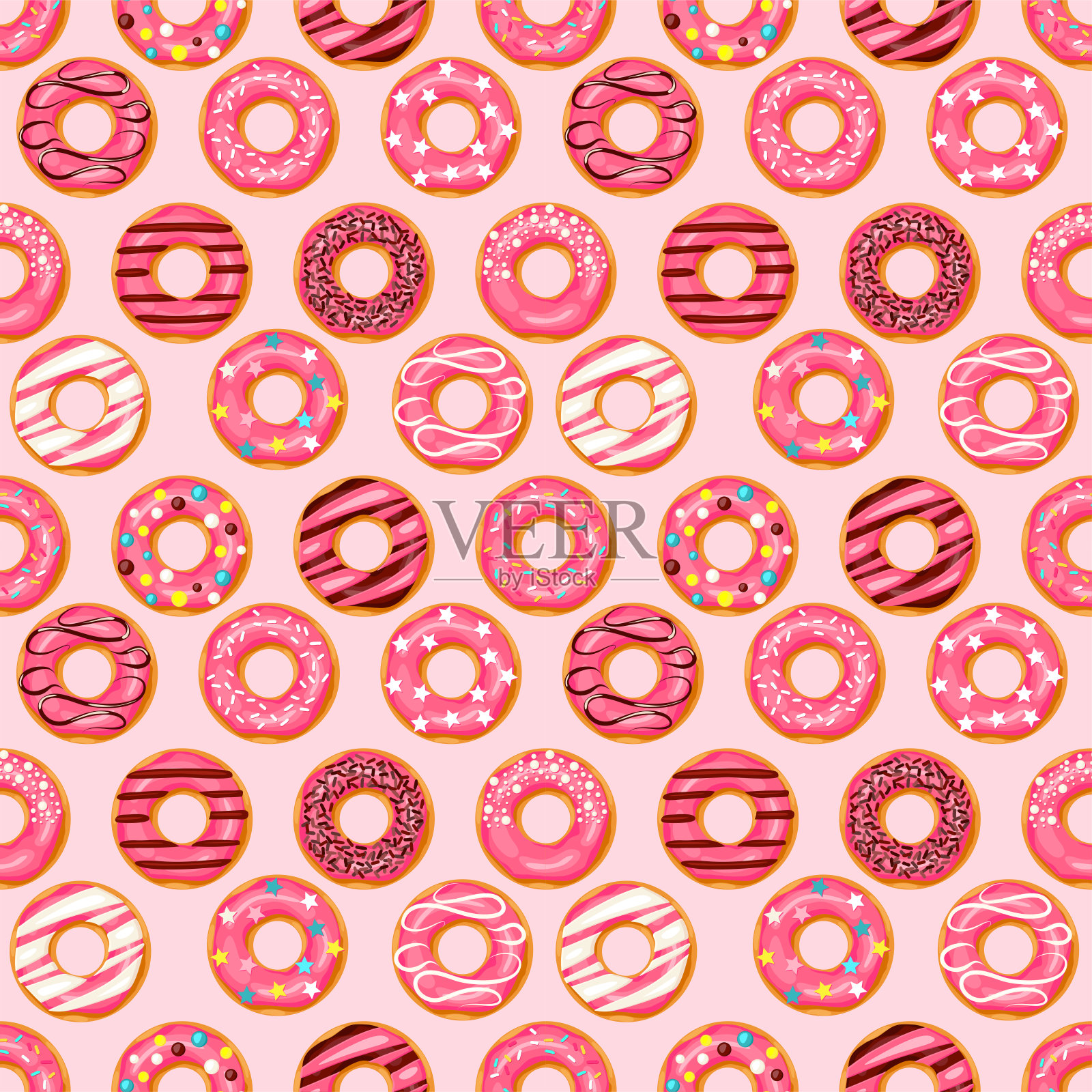 甜甜圈无缝模式。粉红色的甜甜圈，不同的装饰，粉红色的背景设计元素图片