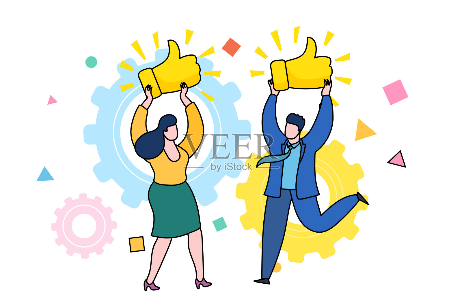 喜欢和积极反馈的概念。快乐的女人和有奖励的男人竖起大拇指。插画图片素材